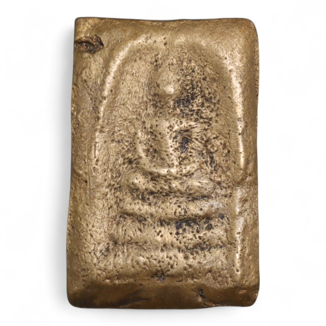 Antique Thai Rattanakosin Worn Phra Somdej Buddha Bronze Amulet, c. 19th Century, 39g: This authentic bronze Phra Somdej amulet, cast during the 19th-century Rattanakosin period, carries the weathered dignity of centuries-old devotion. Measuring approximately 4 cm in height and weighing
