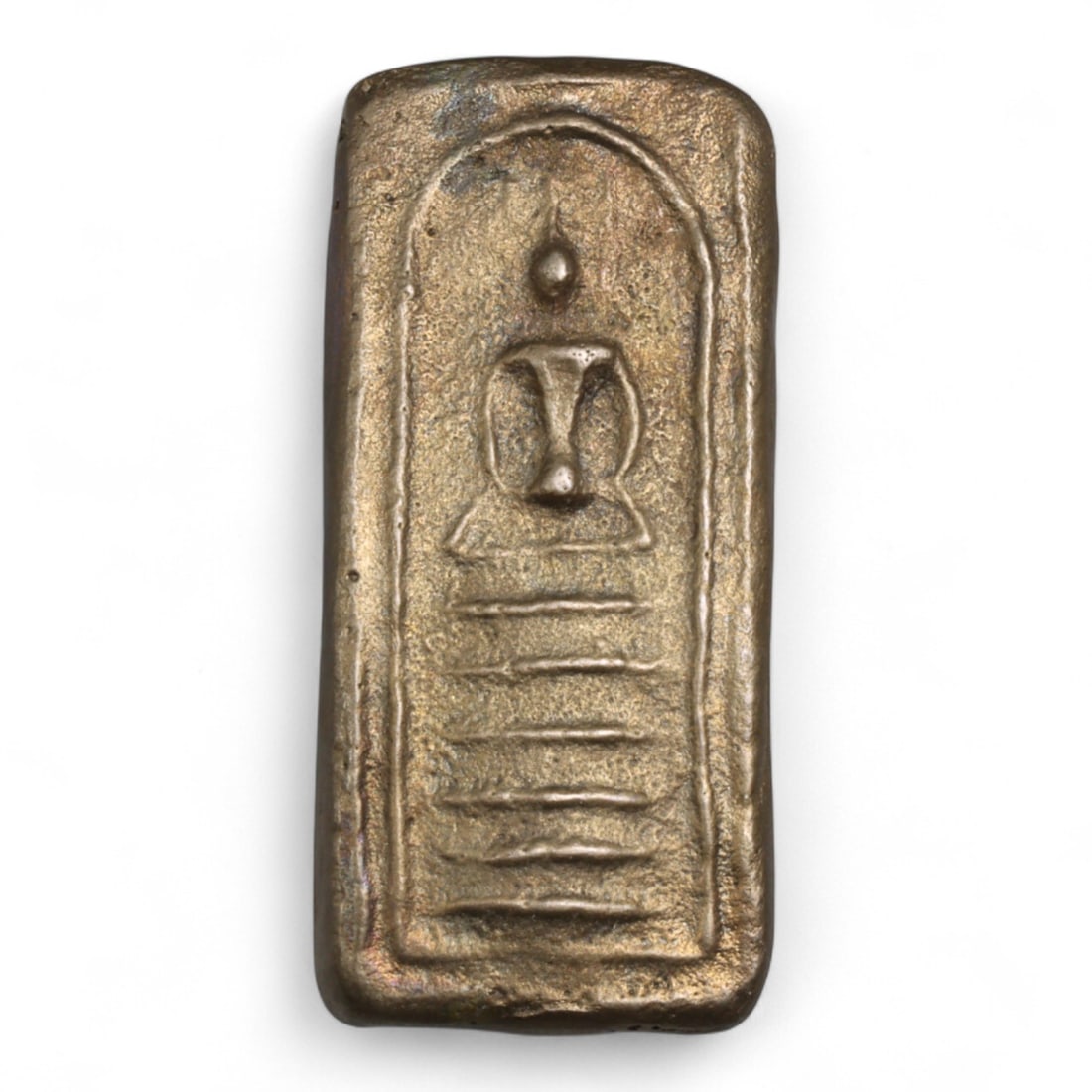 Antique Thai Rattanakosin Tall Phra Somdej Buddha Bronze Amulet, c. 19th Century, 50g: This elegant, vertically elongated Phra Somdej amulet from 19th-century Rattanakosin Thailand offers a rare and stately variation of one of the most iconic forms in Thai Buddhist art. Measuring approx