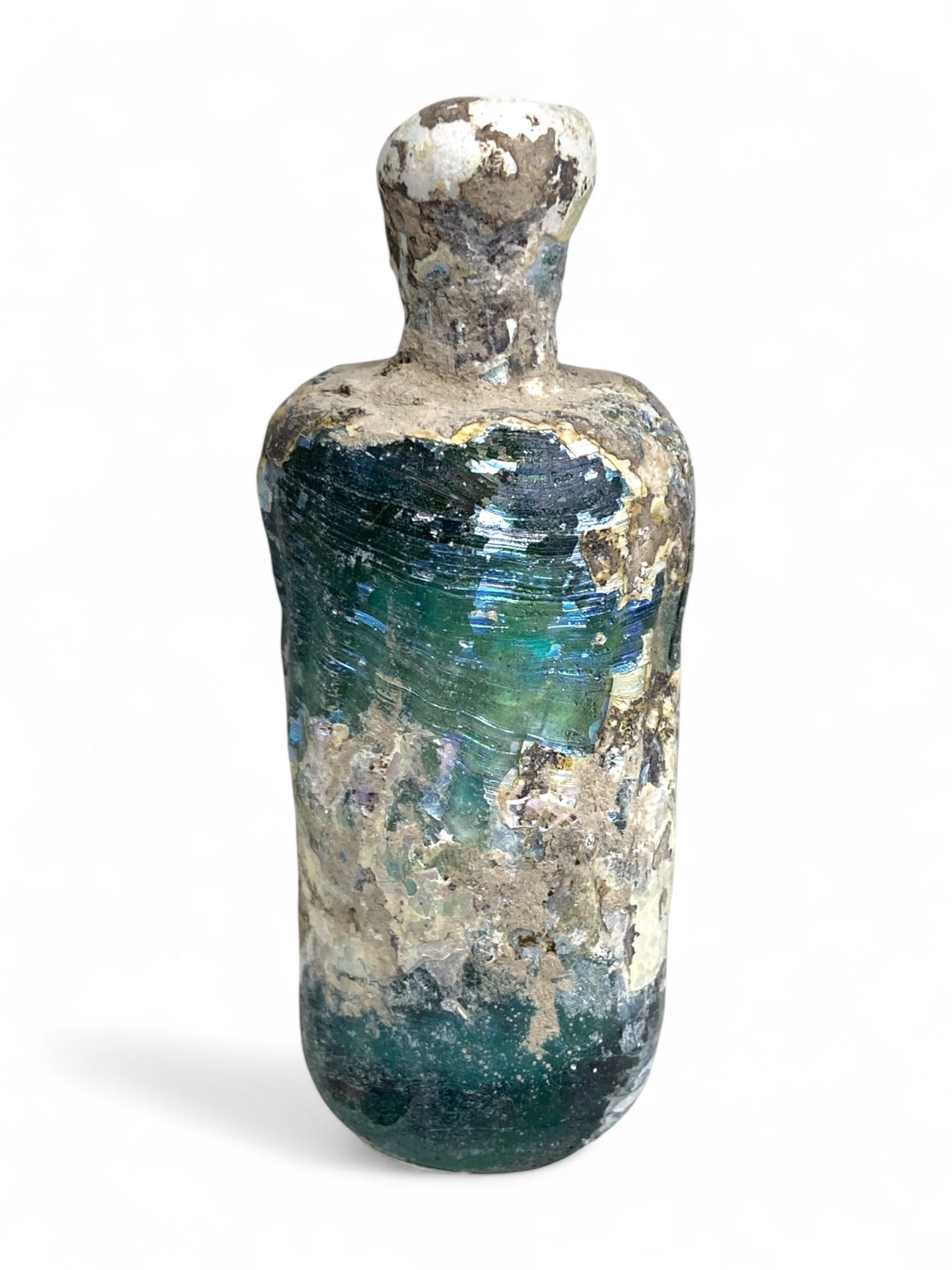 Ancient Roman Emerald Iridescent Glass Bottle, c. Antonine Dynasty, 2nd Century CE, 64g (1 of 3)