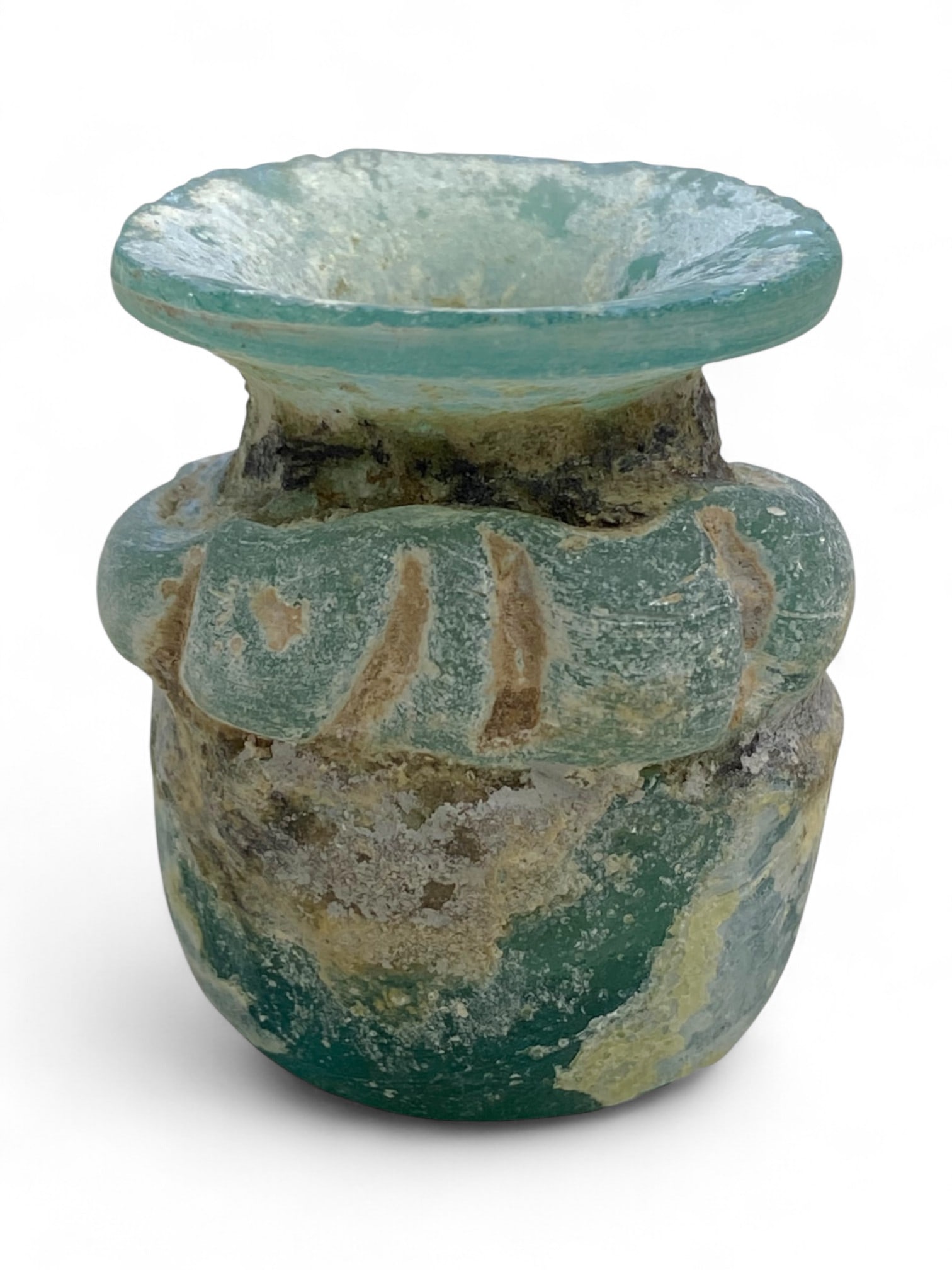 Ancient Roman Aqua-Tinted Ribbed Glass Cosmetic Jar, c. Severan Era, 3rd Century CE, 75g: A rare fusion of elegance and functionality, this robust Roman glass cosmetic jar dates to the 3rd century CE, during the Severan dynasty-a time when luxury and practicality seamlessly merged in every