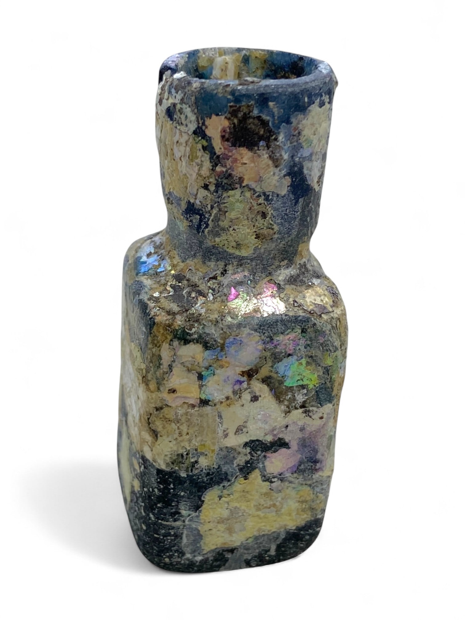 Ancient Roman Iridescent Midnight-Blue Square Glass Bottle, Trebonianus Gallus, 3rd Century CE, 30g (1 of 3)