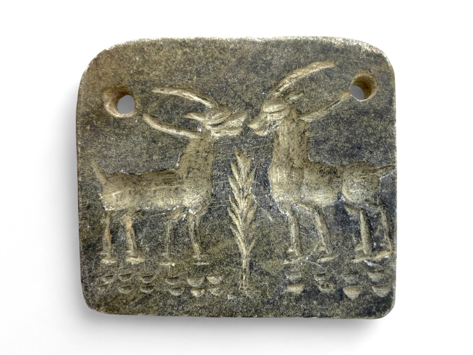Ancient Jiroft Ibex and Tree of Life Stone Ritual Plaque, c. 3rd Millennium BCE, 37g: This exceptional engraved plaque, carved from a fine dark stone and weighing 37 grams, emerges from the enigmatic Jiroft civilization of southeastern Iran, dating to the early 3rd millennium BCE. Meas
