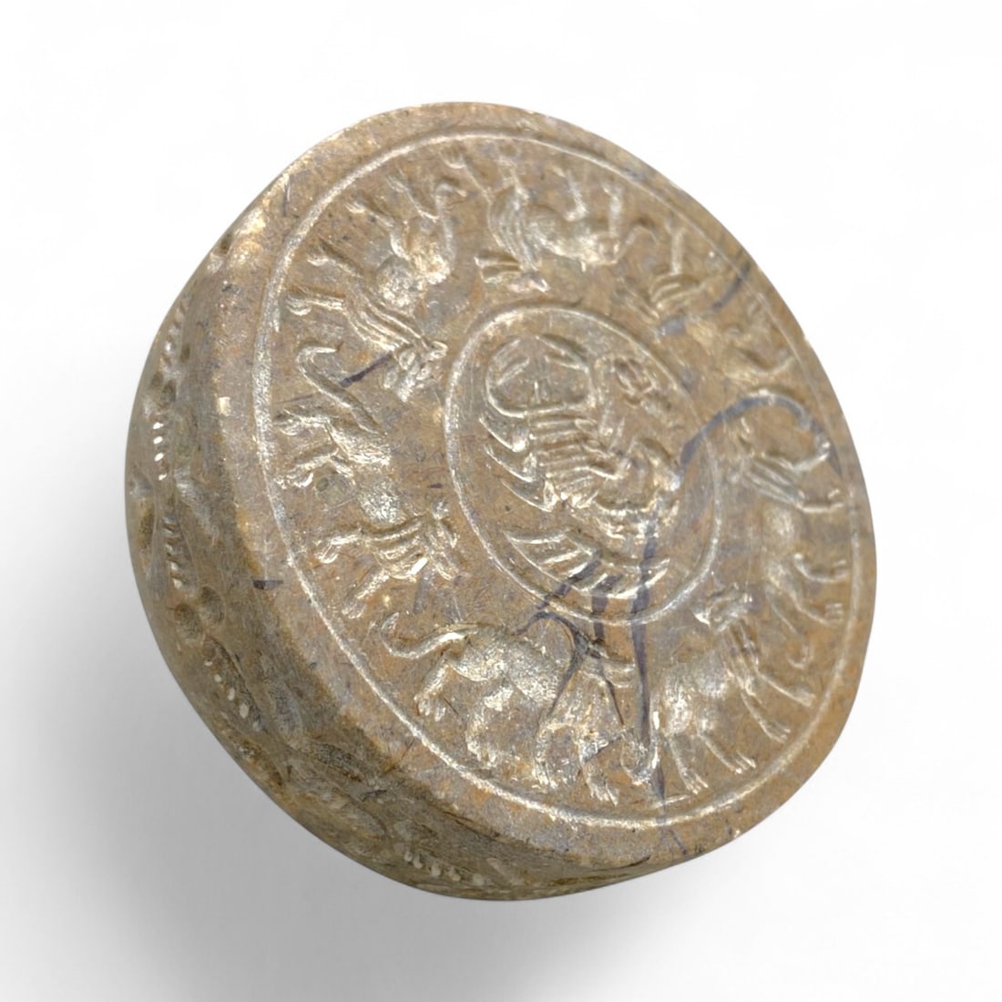 Ancient Medieval Ghaznavid-Seljuk Stone Stamp Seal with Lion Motif, c. 11th-12th Century CE, 135g: This commanding stone stamp seal, dating to the 11th-12th century CE during the Ghaznavid or Seljuk era, reflects the refined artistry and symbolic depth of medieval Islamic Central Asia. Weighing 135