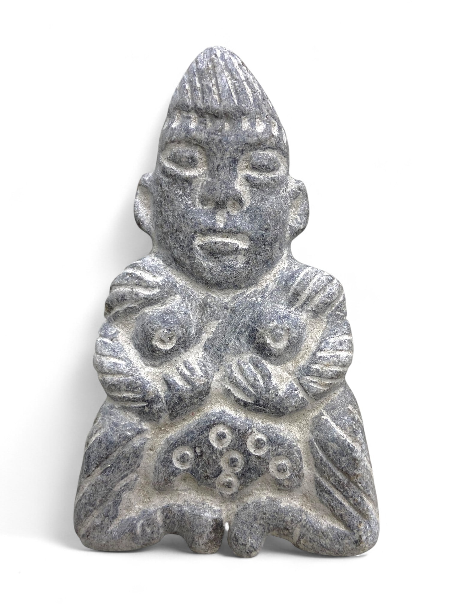 Ancient Bactrian Fertility Idol with Incised Motifs in Stone, c. 3rd-2nd Millennium BCE, 116g: This striking anthropomorphic figure, carved from a mottled gray stone and weighing 116 grams (4.1 oz), likely originates from the Bactria-Margiana Archaeological Complex (BMAC) of Central Asia, dated