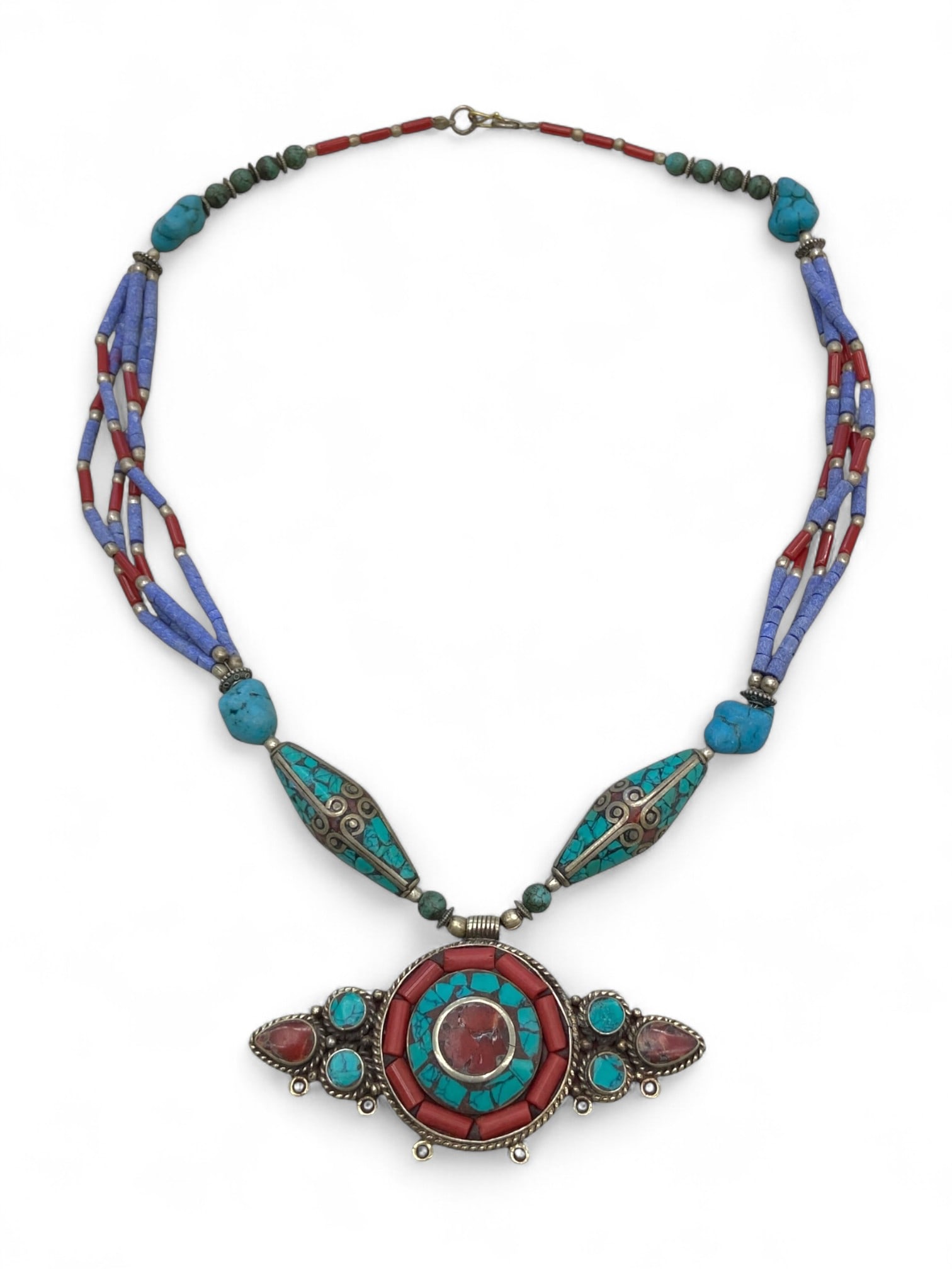 Nepali Inlay Medallion Necklace with Coral, Turquoise and Lapis Beads, Kathmandu Valley, 87g (1 of 1)