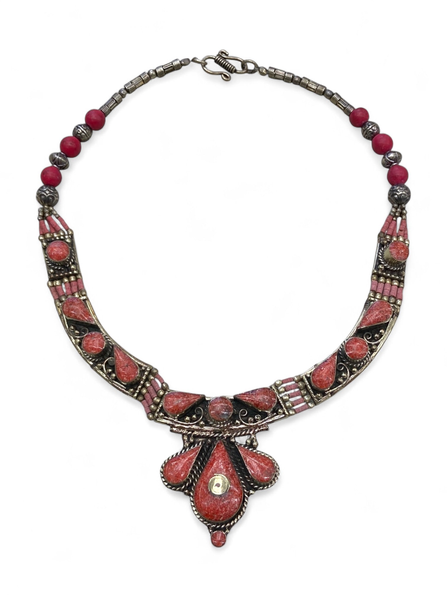 Kazakh Silver Collar Necklace with Red Stone Inlays and Tribal Crest Motif, Central Asia, 125g (1 of 1)