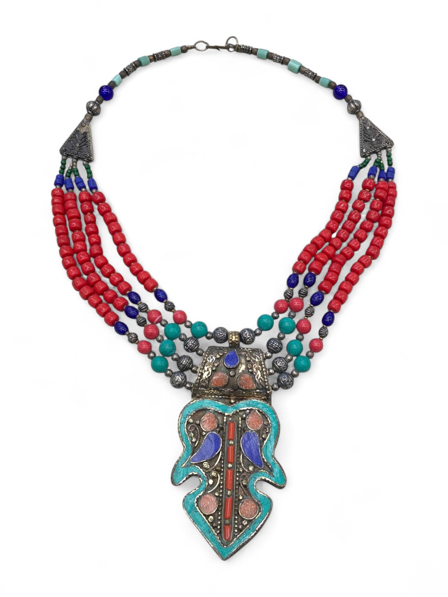 Turkoman Tribal Enamel Talisman Necklace with Tri-Color Beads, Central Asia, 172g (1 of 1)