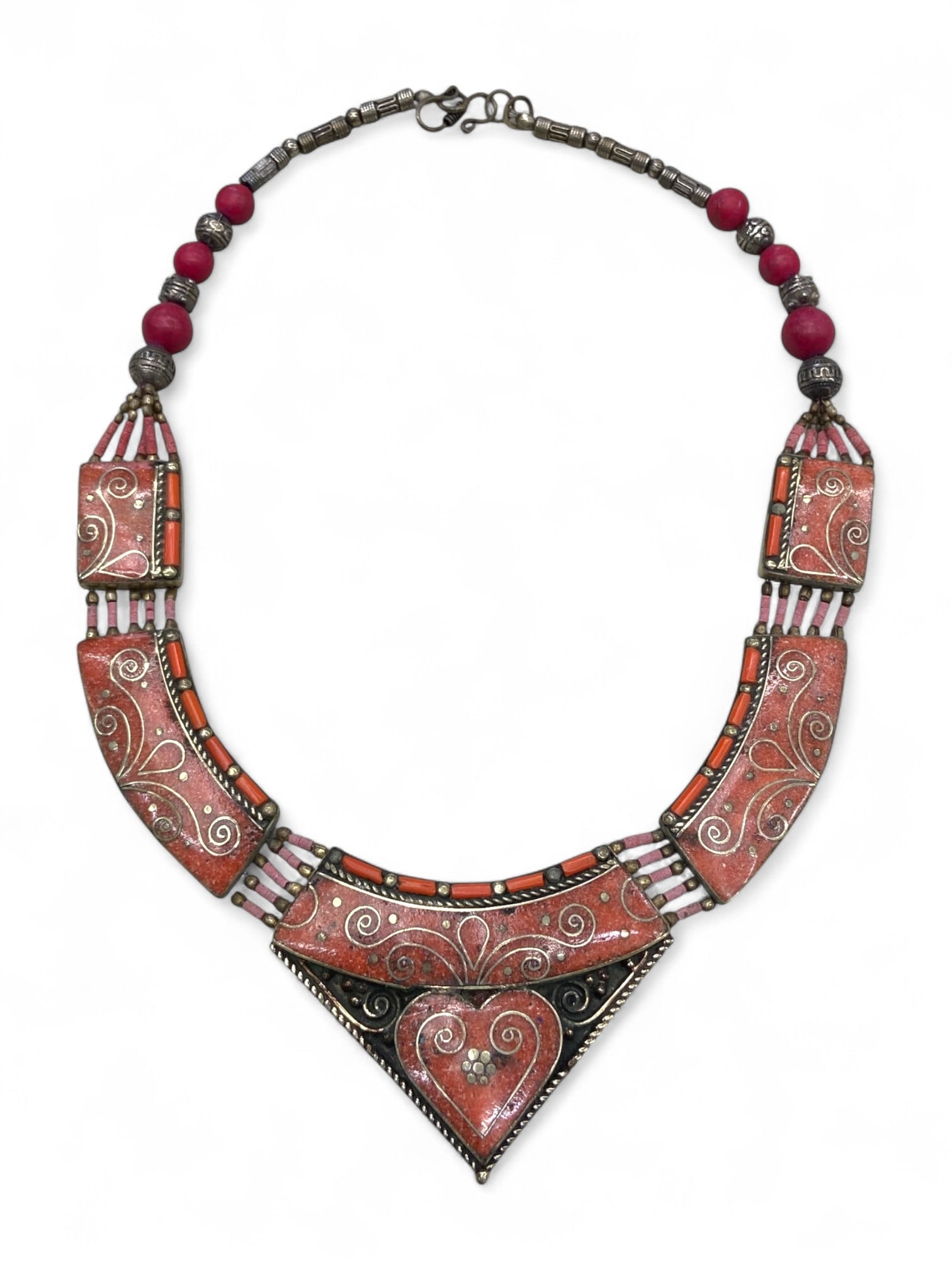 Kazakh Enamel Collar Necklace with Red Heart Motif and Silver Filigree, Central Asia, 133g: This striking collar necklace radiates warmth and elegance through its rich red enamel panels, each adorned with graceful silver scrollwork. The focal point is a downward-pointing heart form encased i