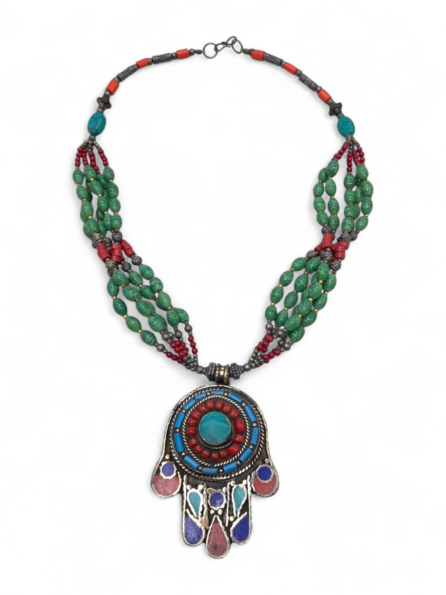 North African Hamsa Pendant Necklace with Coral, Turquoise, and Green Beads, Maghreb Region, 120g (1 of 1)