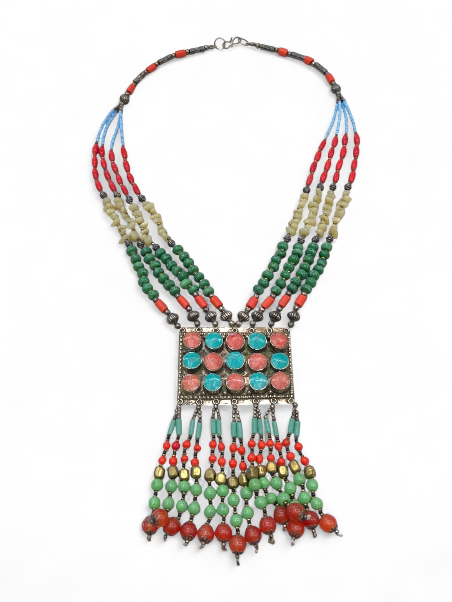 Afghan Kuchi Panel Pendant Multicolor Beaded Festival Necklace, Central Asia Origin, 153g: Vibrant and full of kinetic energy, this spectacular necklace captures the spirited essence of Afghan Kuchi tribal jewelry. At its heart lies a striking square pendant inset with alternating red and t