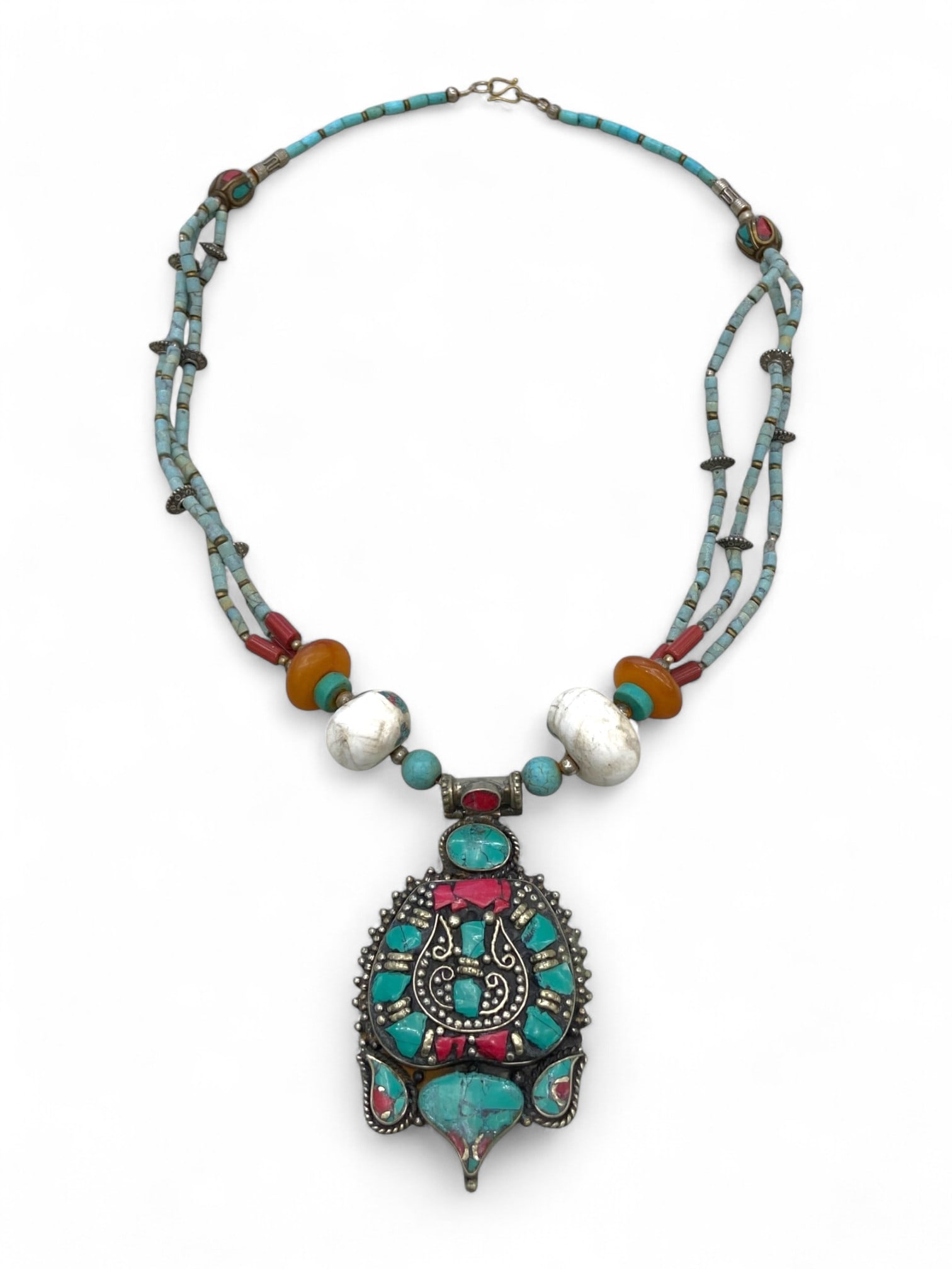 Tibetan Buddhist Conch Motif Mosaic Turquoise Amulet Necklace, Himalayan Origin, 69g (1 of 1)