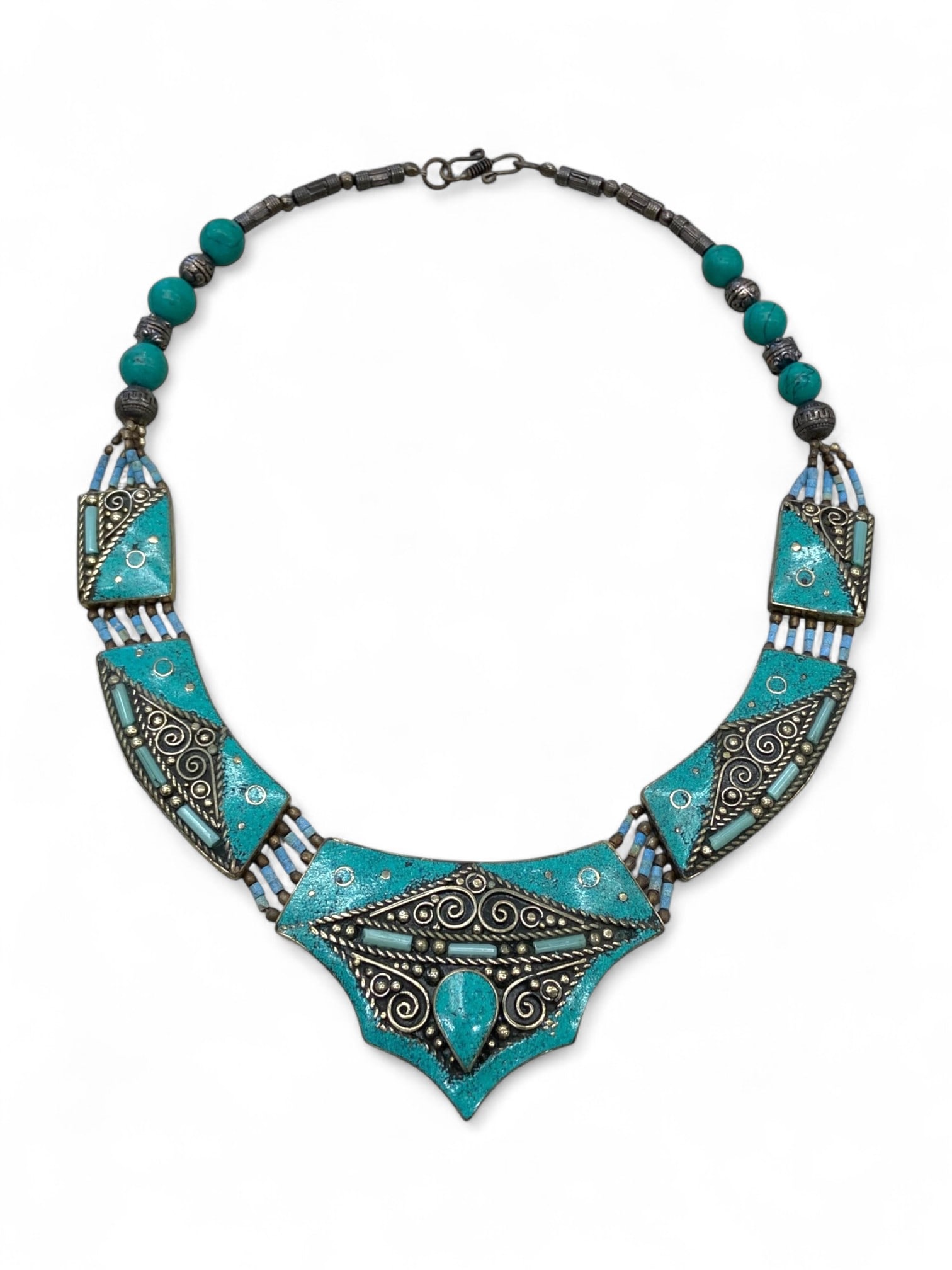 Middle Eastern Filigree Spiral Silver Alloy Turquoise Enamel Necklace, Shield Motif Design - 127g (1 of 1)