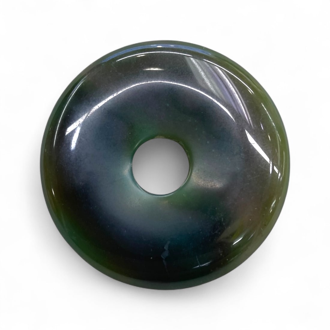 Antique Late Qing Dynasty Bi Disc in Polished Moss Jade, China, 11g (1 of 2)