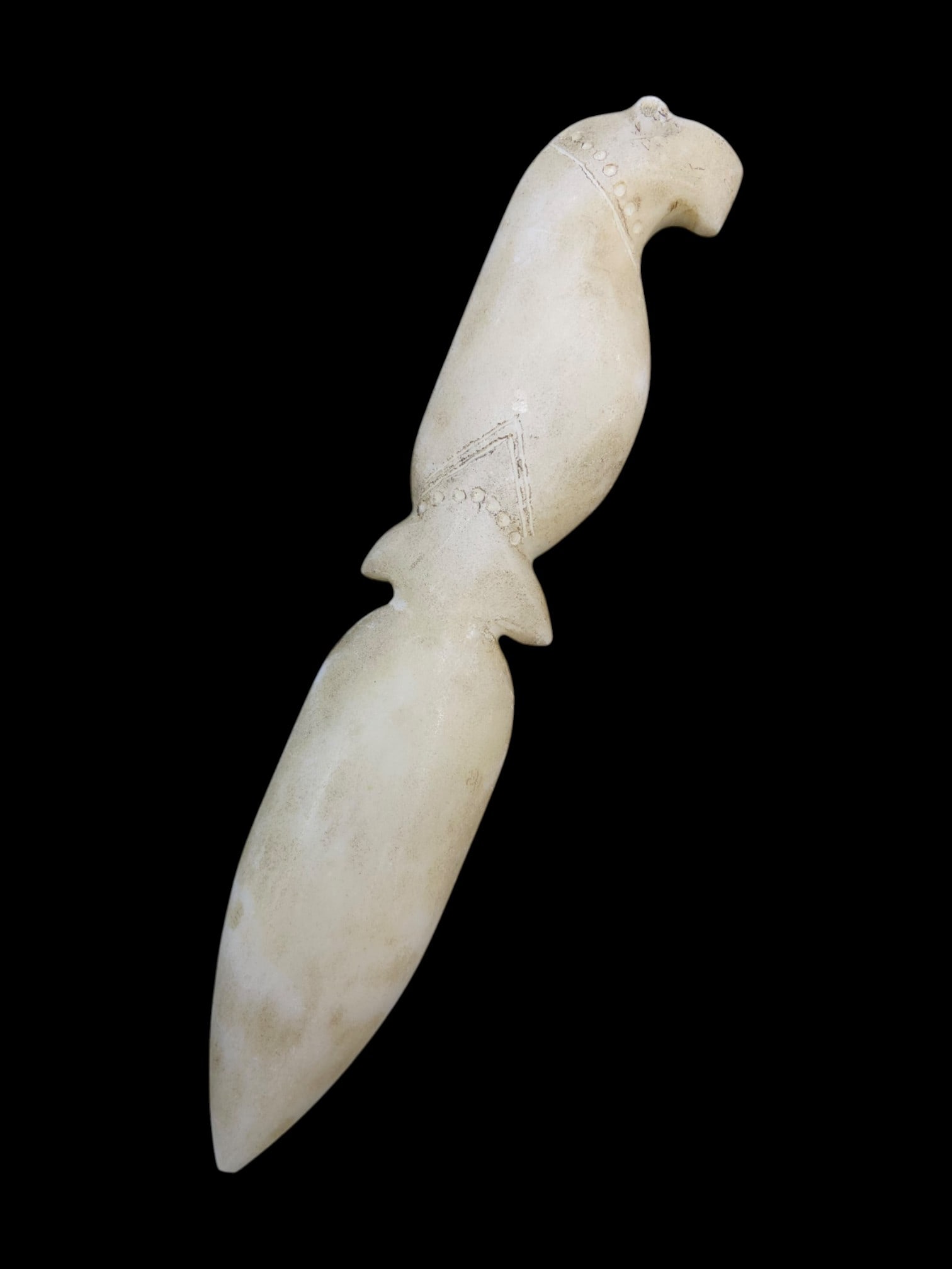 Ancient Elamite Zoomorphic Ritual Calcite Dagger, c. 3rd Millennium BCE, 117g: This remarkable artifact from the Elamite culture of ancient Iran dates to the 3rd millennium BCE, a time when ritualistic symbolism flourished alongside the emergence of early city-states and temple
