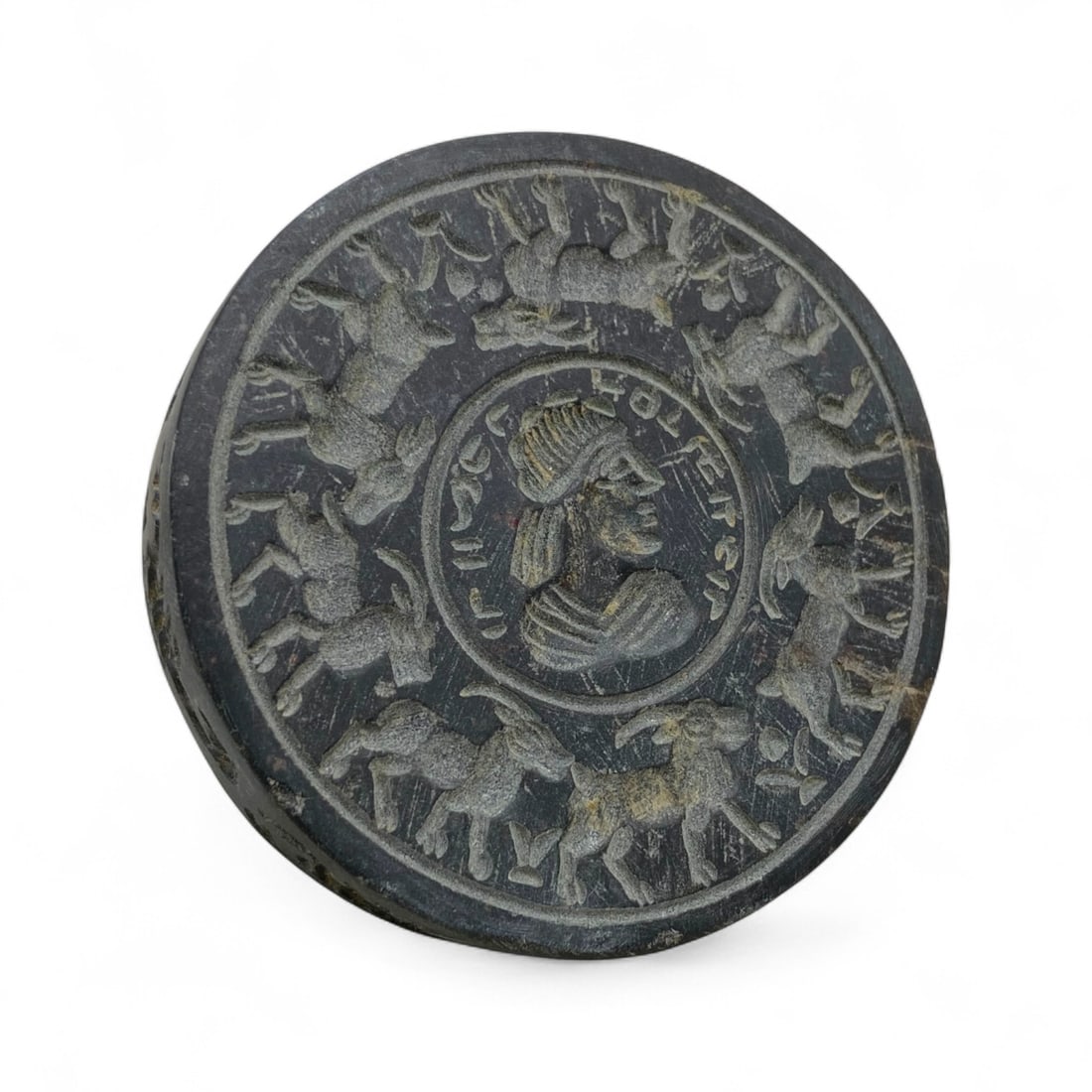 Ancient Medieval Seljuk Ibex Zodiac Motif Stone Stamp Seal, c. 12th-13th Century CE, 127g: This finely carved stamp seal hails from the height of the Seljuk Empire, an era that saw the flourishing of Persianate-Islamic art and science across Central Asia and the Middle East. Dated to the 12