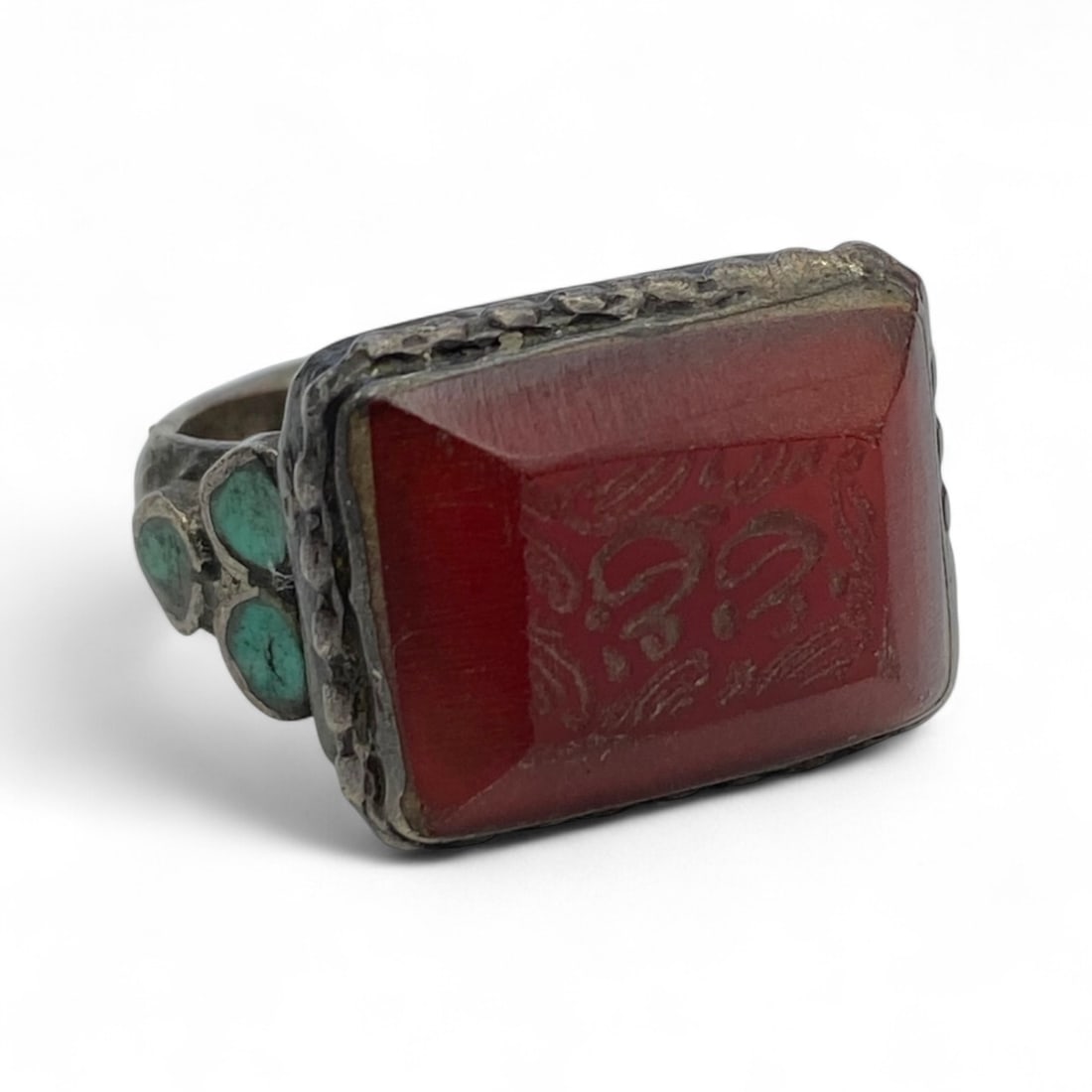 Antique Persian Qajar Carnelian Calligraphy Silver Ring, c. 19th Century, 9g (1 of 3)