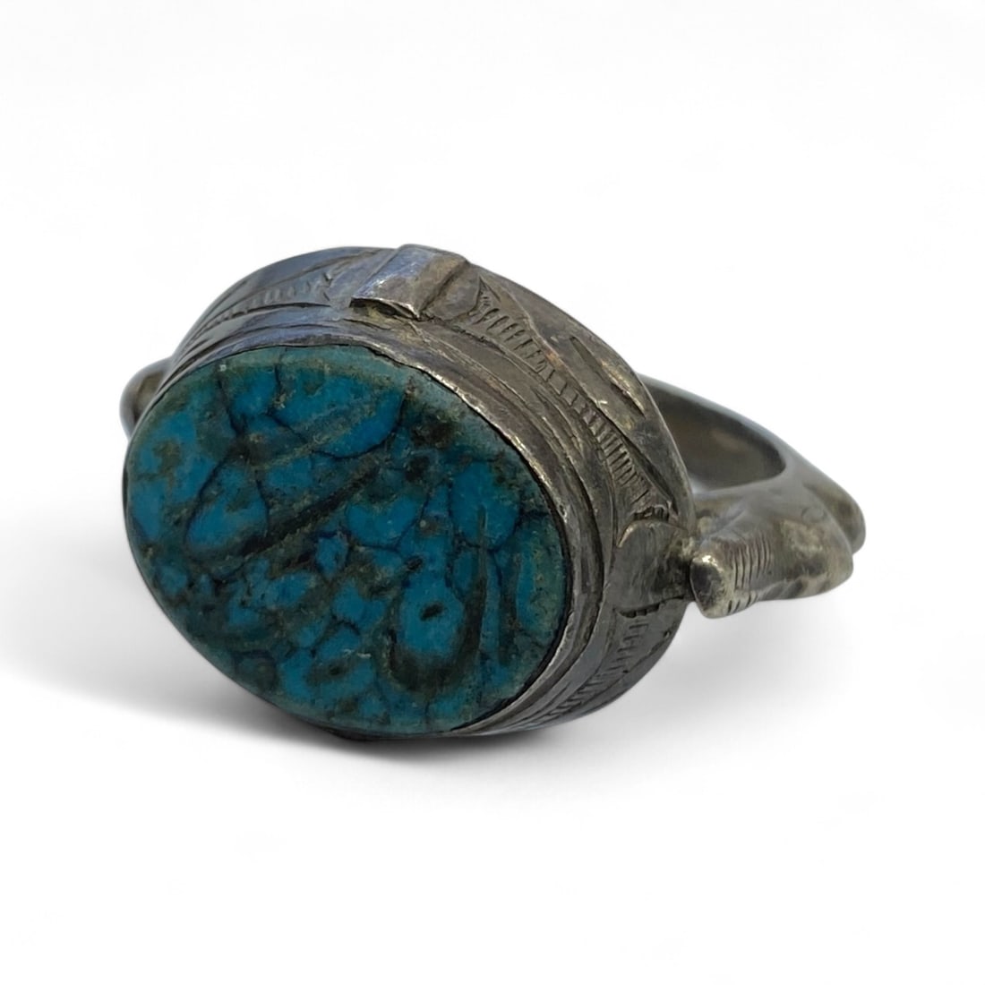 Antique Central Asian Islamic Calligraphy Turquoise Silver Ring, c. Early 20th Century, 10g (1 of 3)