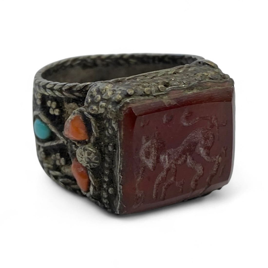 Antique Qajar Lion Engraved Carnelian Silver Ring, c. 19th Century, 10g (1 of 3)