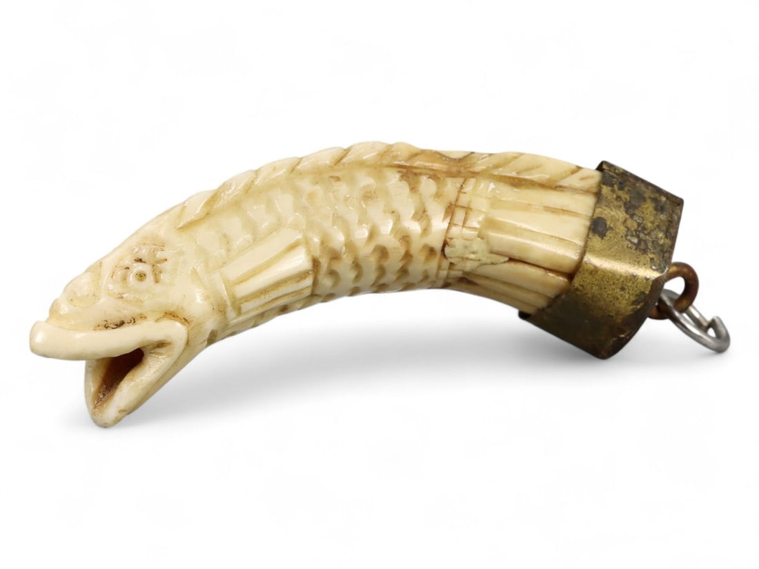 Antique South Asian Carved Bone Fish Amulet Pendant with Brass Cap, 20th Century, 16g: This uniquely carved fish-shaped pendant from South Asia-likely India or Nepal-reflects centuries-old symbolism of abundance, transformation, and good fortune. Crafted in the 20th century from natural