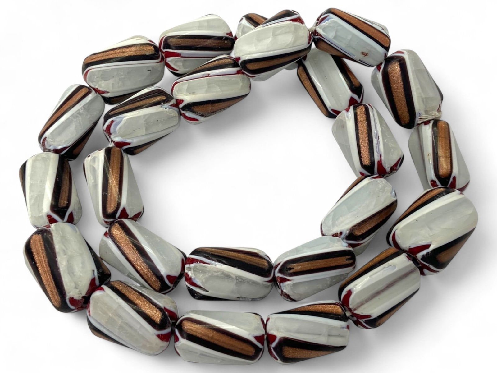 Antique Venetian Gray White Copper Aventurine Trade Beads Strand, 19th Century, 232g: This unusual and highly collectible strand of antique Venetian trade beads is a showcase of Murano innovation during the 19th century, featuring bold gray and white outer layers framing shimmering cop