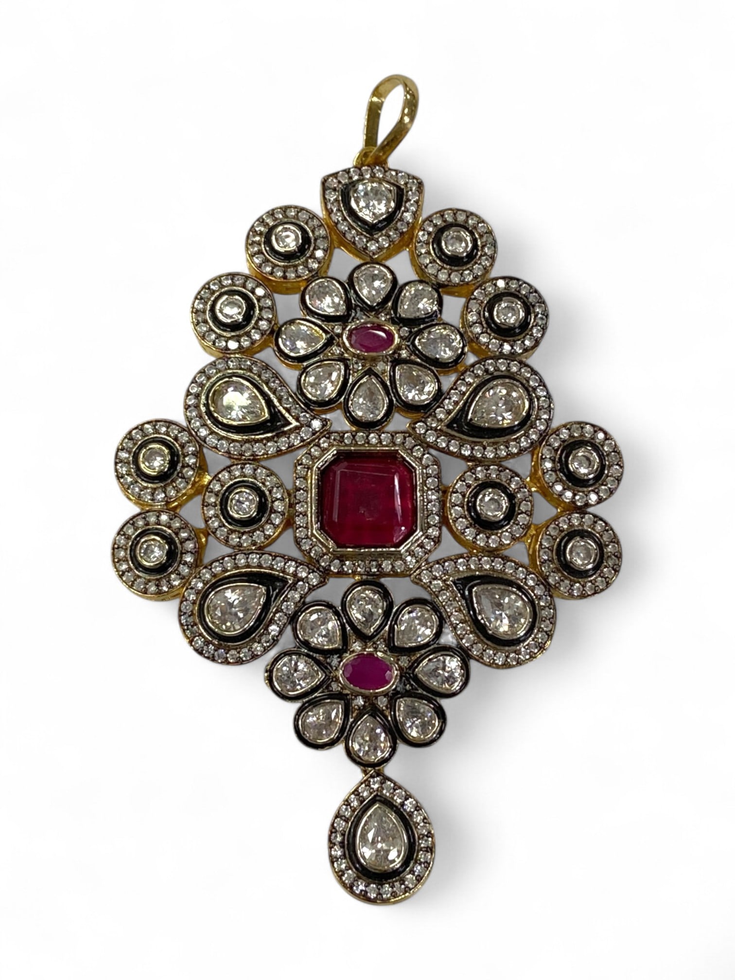 Mughal-Inspired Floral Mandala Gilt Pendant with Glass Inlay, India Design 47g: This ornate pendant draws inspiration from the opulence of Mughal-era design, where floral symmetry and bold geometry flourished in royal adornments. Its layout evokes the sacred mandala-symbol of cos