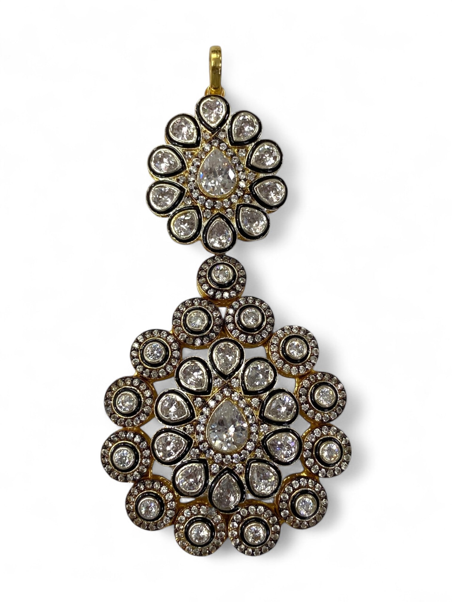 Indian Kundan Double Floral Burst Gilt Pendant with Teardrop Motif Centerpieces, 32g: A radiant celebration of symmetry and light, this double floral burst pendant reflects the grandeur of traditional Indian Kundan jewelry, where intricate settings and stone arrangements echo nature an