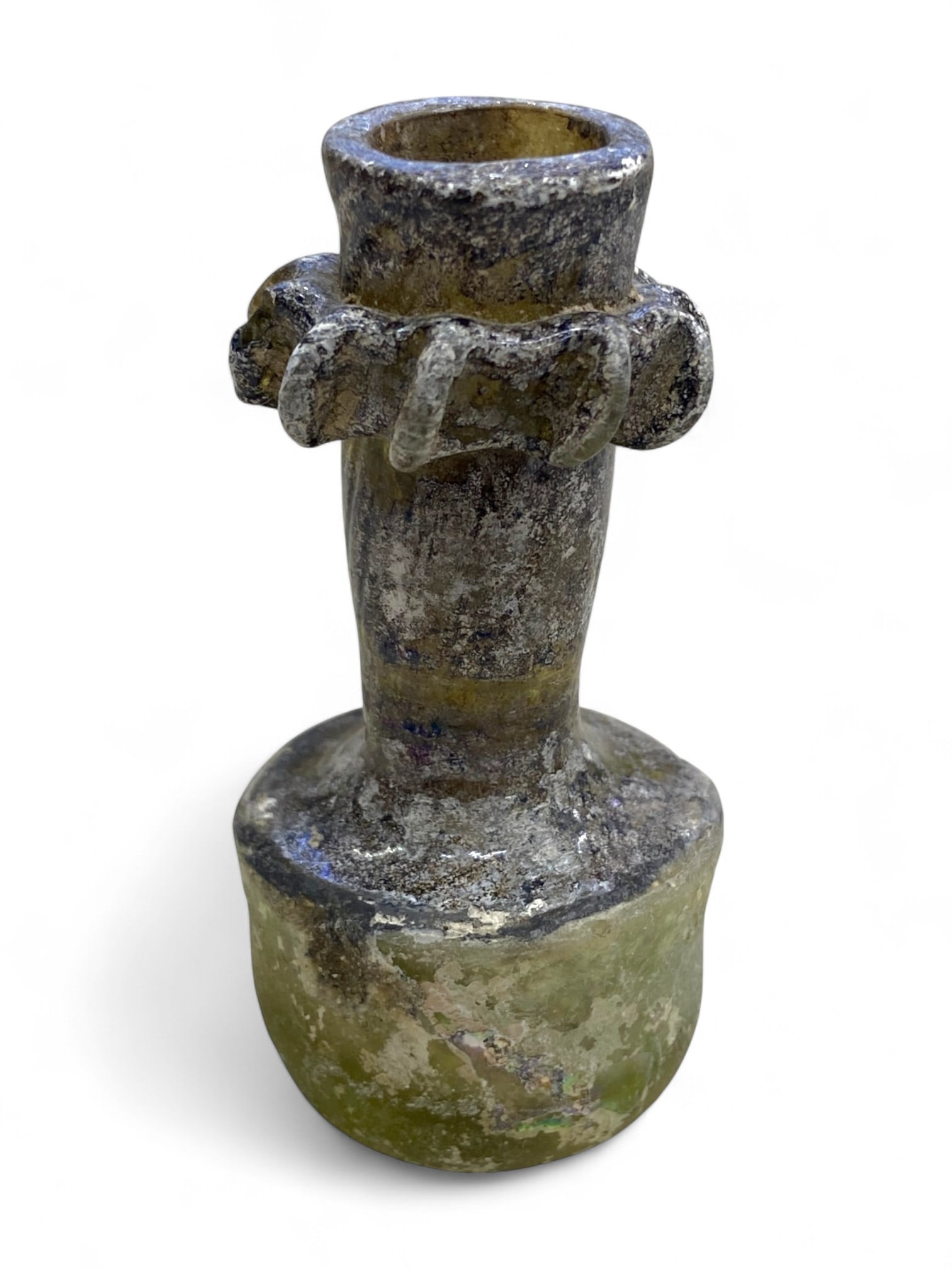 Ancient Roman Iridescent Olive-Tinted Glass Oil Flask, c. Severus Alexander, 3rd Century CE, 55g (1 of 3)