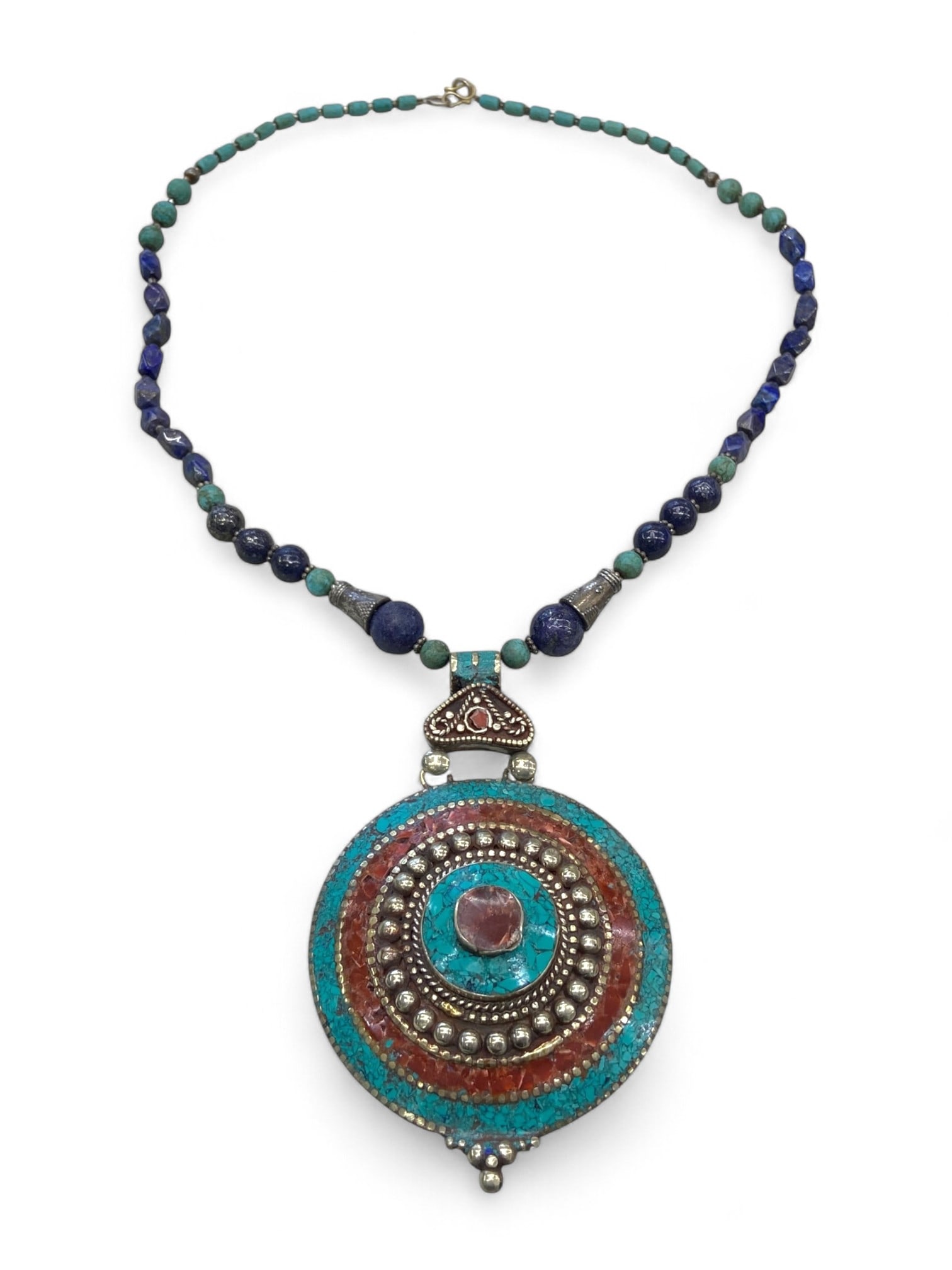 Tibetan Mandala Spiral Coral Turquoise Round Pendant Necklace, Himalayan Origin, 78g: A powerful representation of spiritual wholeness and cosmic harmony, this Tibetan necklace centers on a large, mandala-style circular pendant crafted with concentric layers of turquoise and coral mosa