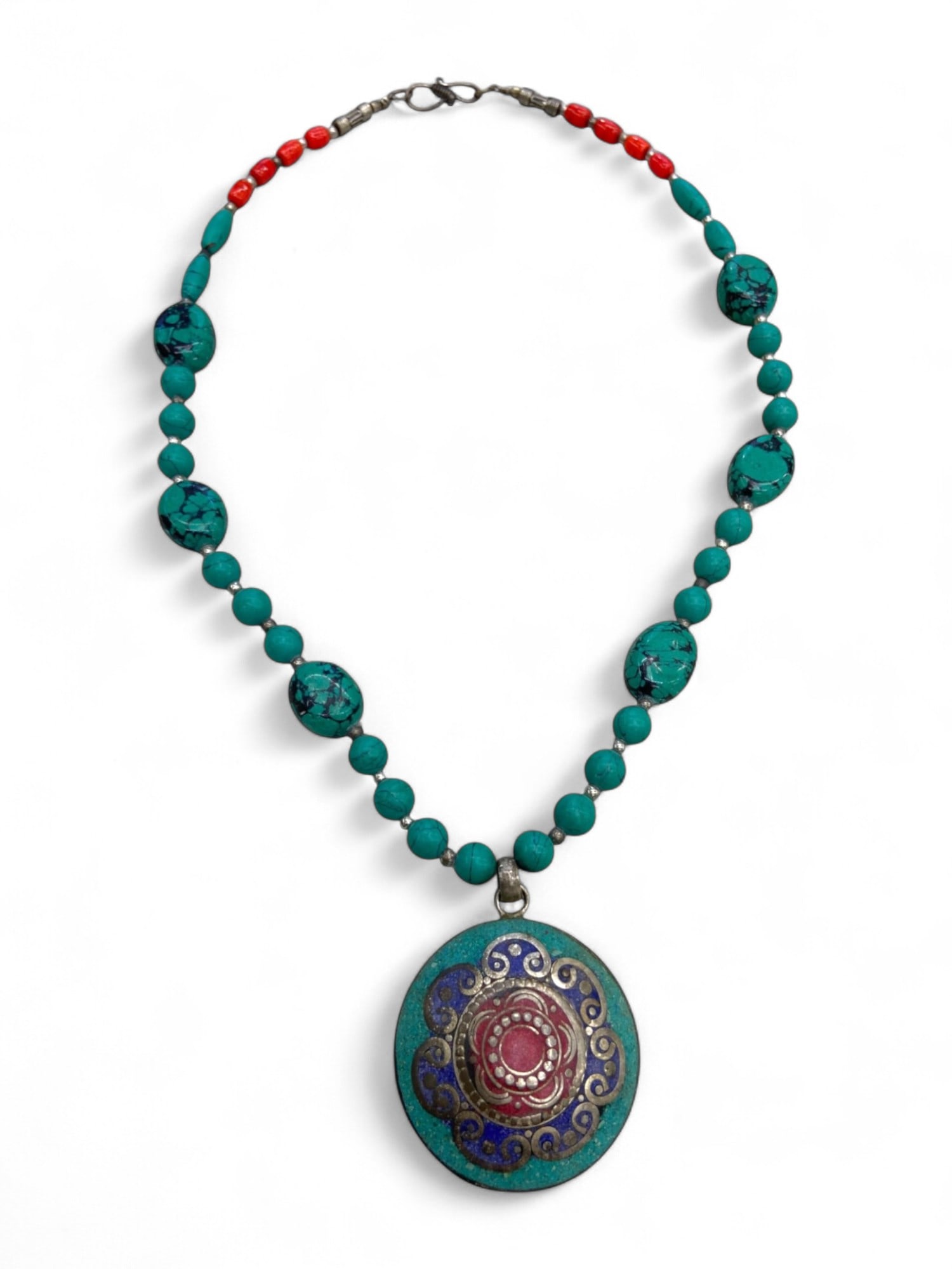 Central Asian Turquoise Beaded Necklace with Round Enamel Mandala Pendant, 70g: This graceful Central Asian necklace brings together spiritual symbolism and traditional craftsmanship in a beautifully cohesive form. The centerpiece is a round pendant inlaid with turquoise, deep bl
