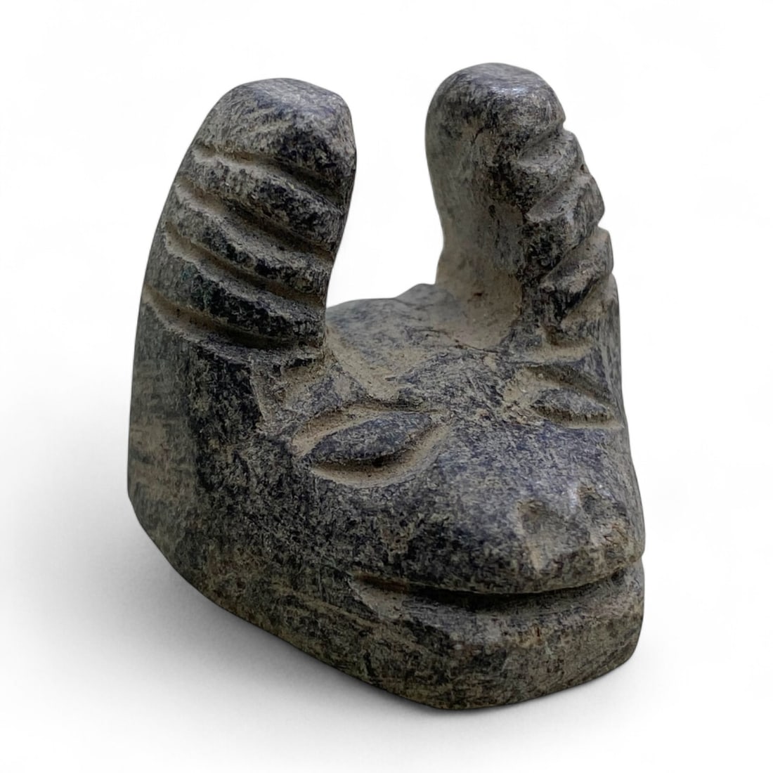 Ancient Near Eastern Horned Animal Head Amulet in Steatite, c. 2nd Millennium BCE, 28g (1 of 3)