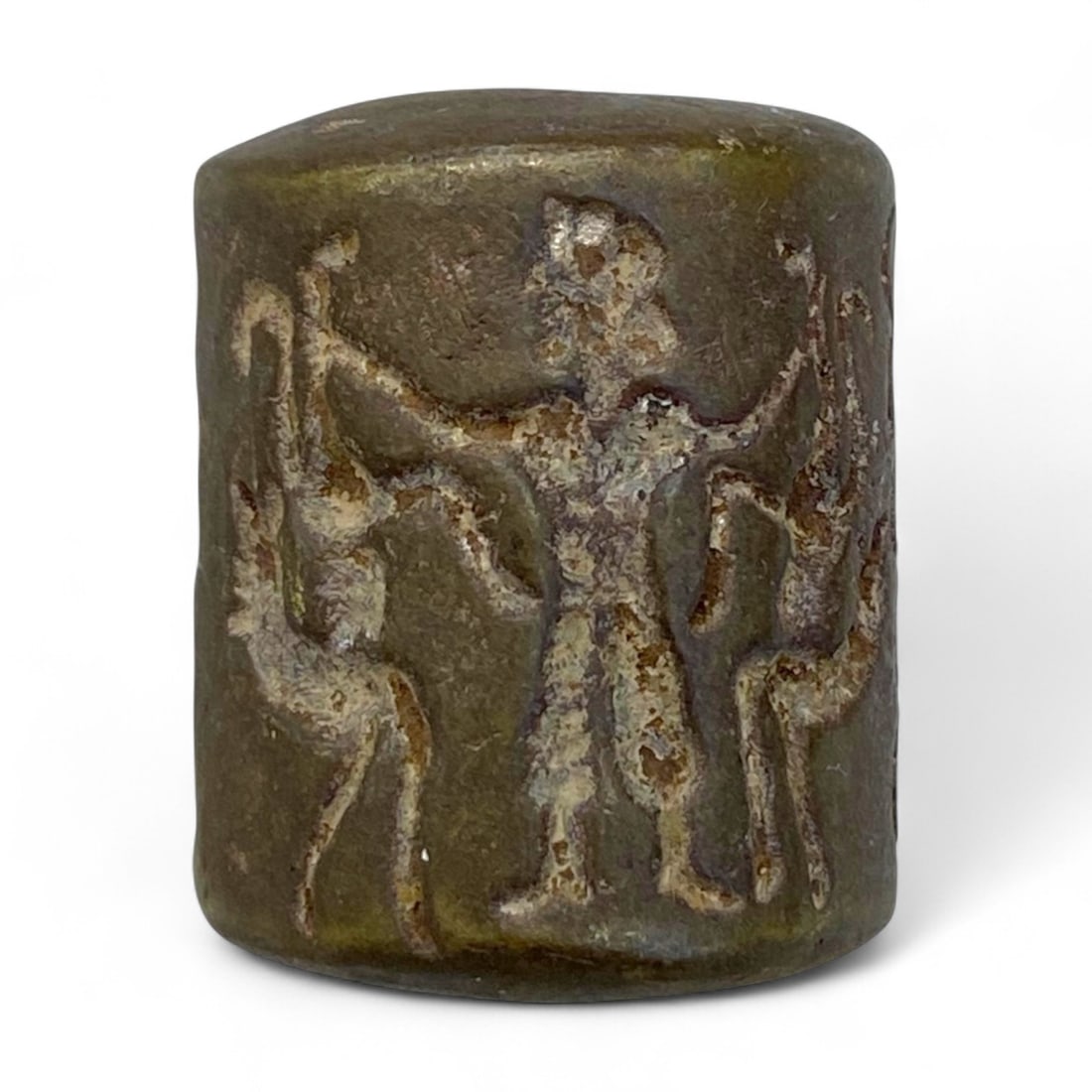 Ancient Mesopotamian Bronze Cylinder Seal with Hero & Animals, c. 2200-1800 BCE, 54g (1 of 3)