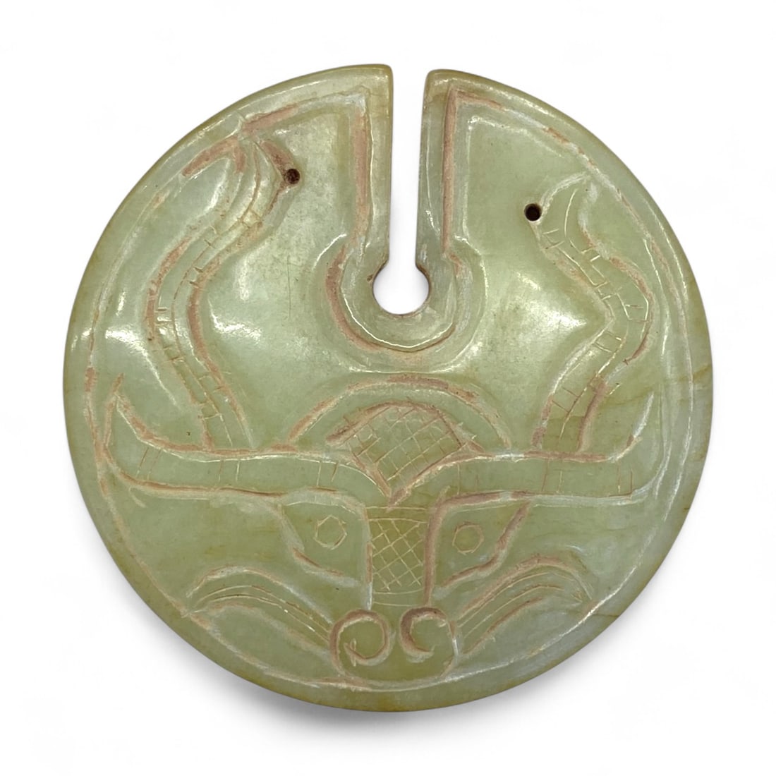 Antique Chinese Taotie Motif Celadon Jade Pendant Disc, c. 17th-18th Century CE, 42g (1 of 2)