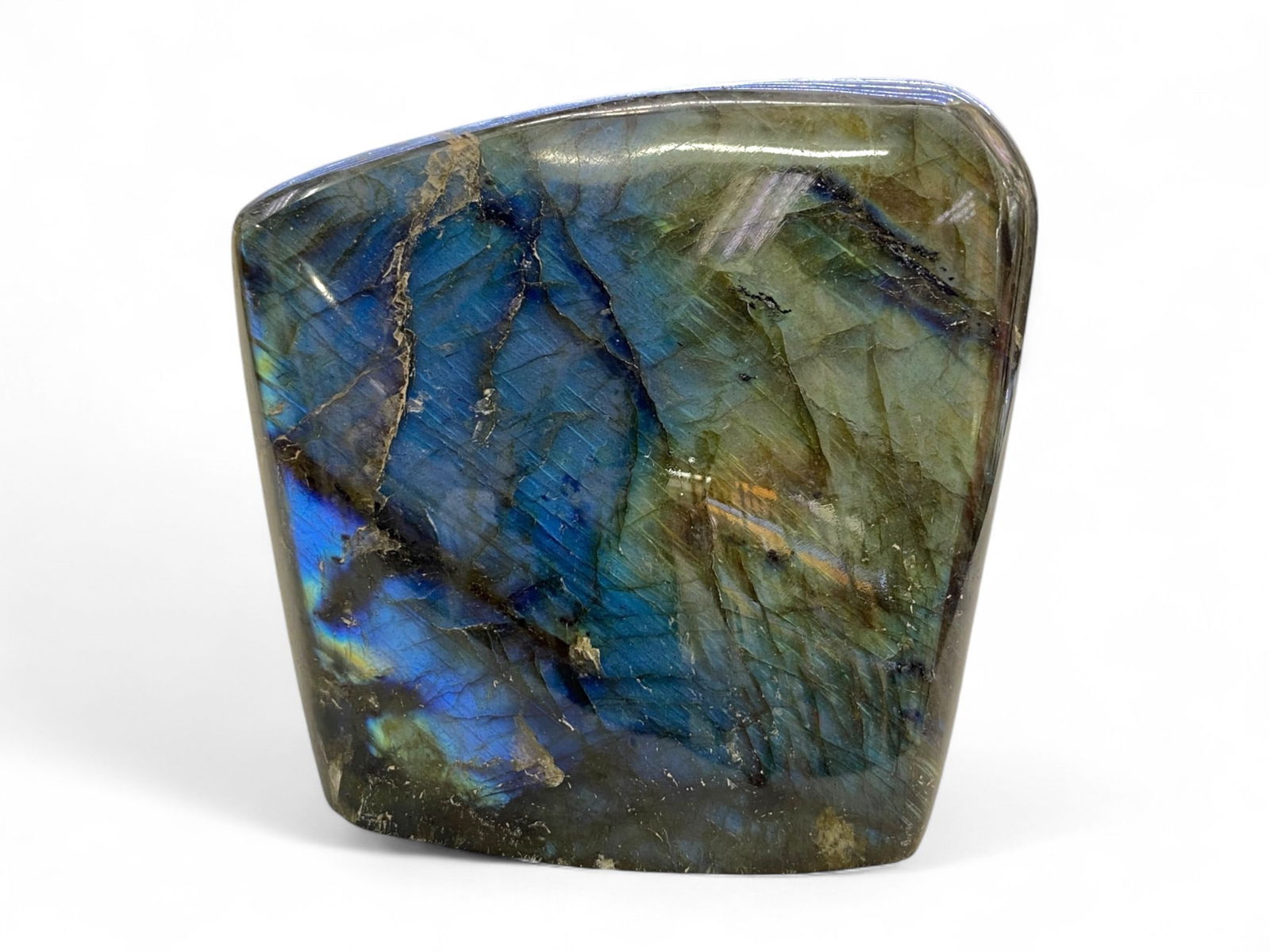 735 Grams Polished Labradorite Freeform - Electric Blue and Green Flash on Upright Display Stone (1 of 2)