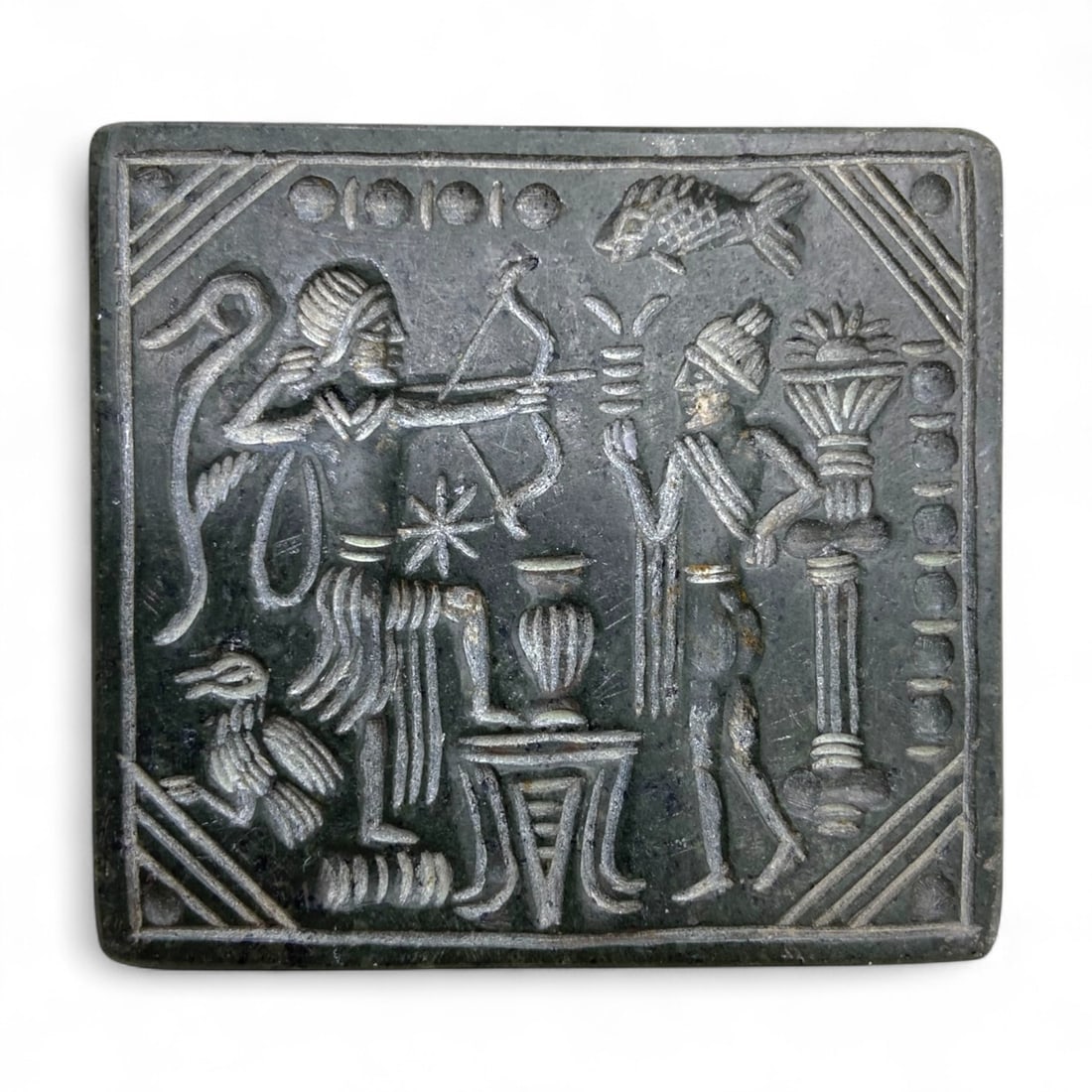 Ancient Medieval Seljuk Archer and Attendant Dark Stone Stamp Seal Plaque, 11th-13th Century CE, 85g (1 of 2)