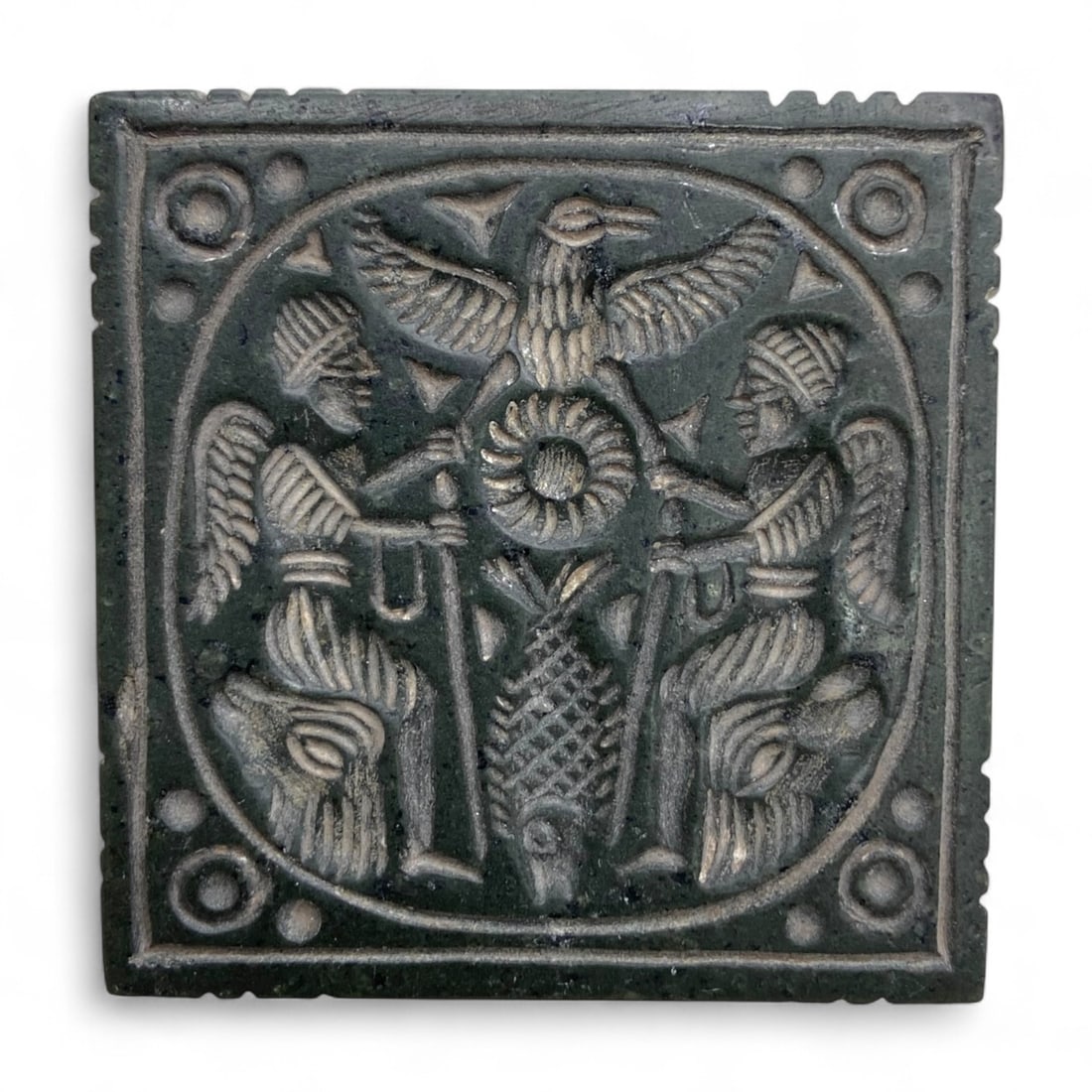 Antique Seljuk Square Stamp Seal with Winged Figures and Sunbird Motif, c. 12th-13th Century CE, 61g: This antique Seljuk stamp seal, dating to the 12th-13th century CE, is a remarkable artifact of Islamic-era artistry and symbolism. Weighing 61 grams and measuring 5 cm across, the seal is square in f