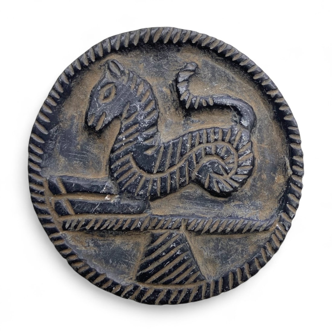 Ancient Near Eastern Disc Plate with Reclining Feline Motif, c. 1st Millennium BCE, 53g (1 of 2)