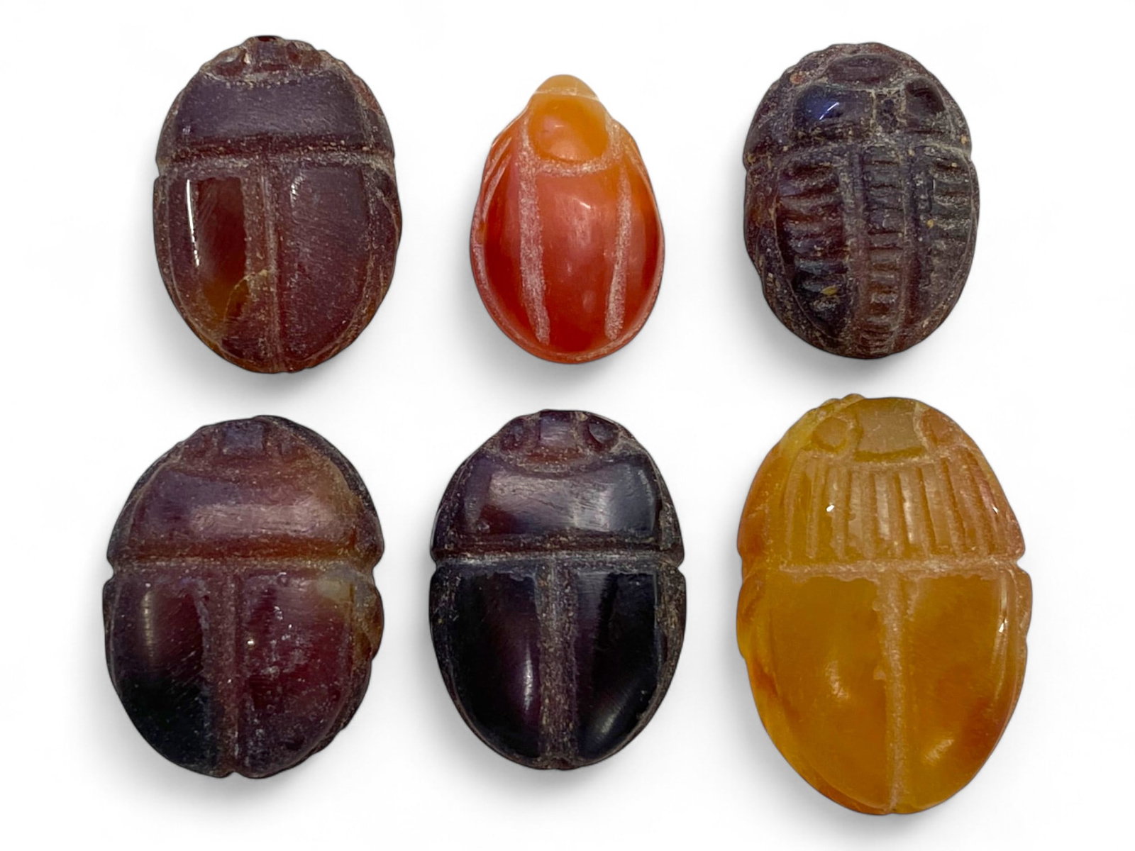 Ancient Coptic Egyptian Scarab Stamp Seal Collection, c. 4th-7th Century CE, 29g: This refined collection of six carved scarab stamp seals originates from Coptic Egypt, dating approximately to the 4th-7th century CE-a period marked by spiritual transformation and cultural synthesis