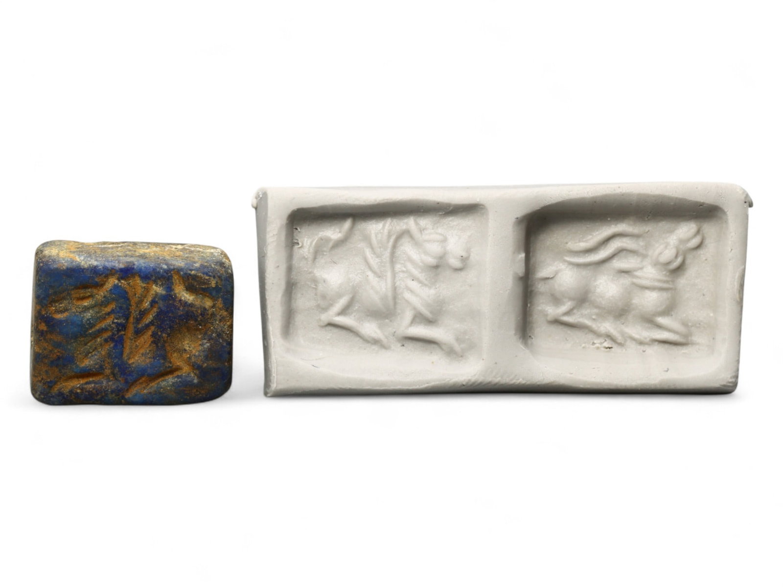 Ancient Elamite Lapis Lazuli Bifacial Stamp Seal of Running Stag, c. 2500-1800 BCE, 4g: This remarkable artifact is an ancient bifacial stamp seal crafted from rich blue lapis lazuli, dating to the Elamite-Indus interaction period of the early 2nd millennium BCE. The compact seal measure