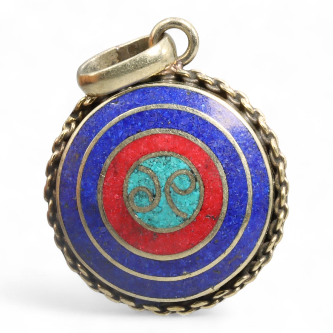 Tibetan Spiral Cosmos Motif Lapis Coral Turquoise Silver Pendant Necklace, Himalayan Design, 9.3g: A vibrant meditation on balance and energy, this Tibetan pendant layers color and form into a symbolic mandala of spiritual intention. At its heart lies the spiral cosmos motif, rendered in turquoise 