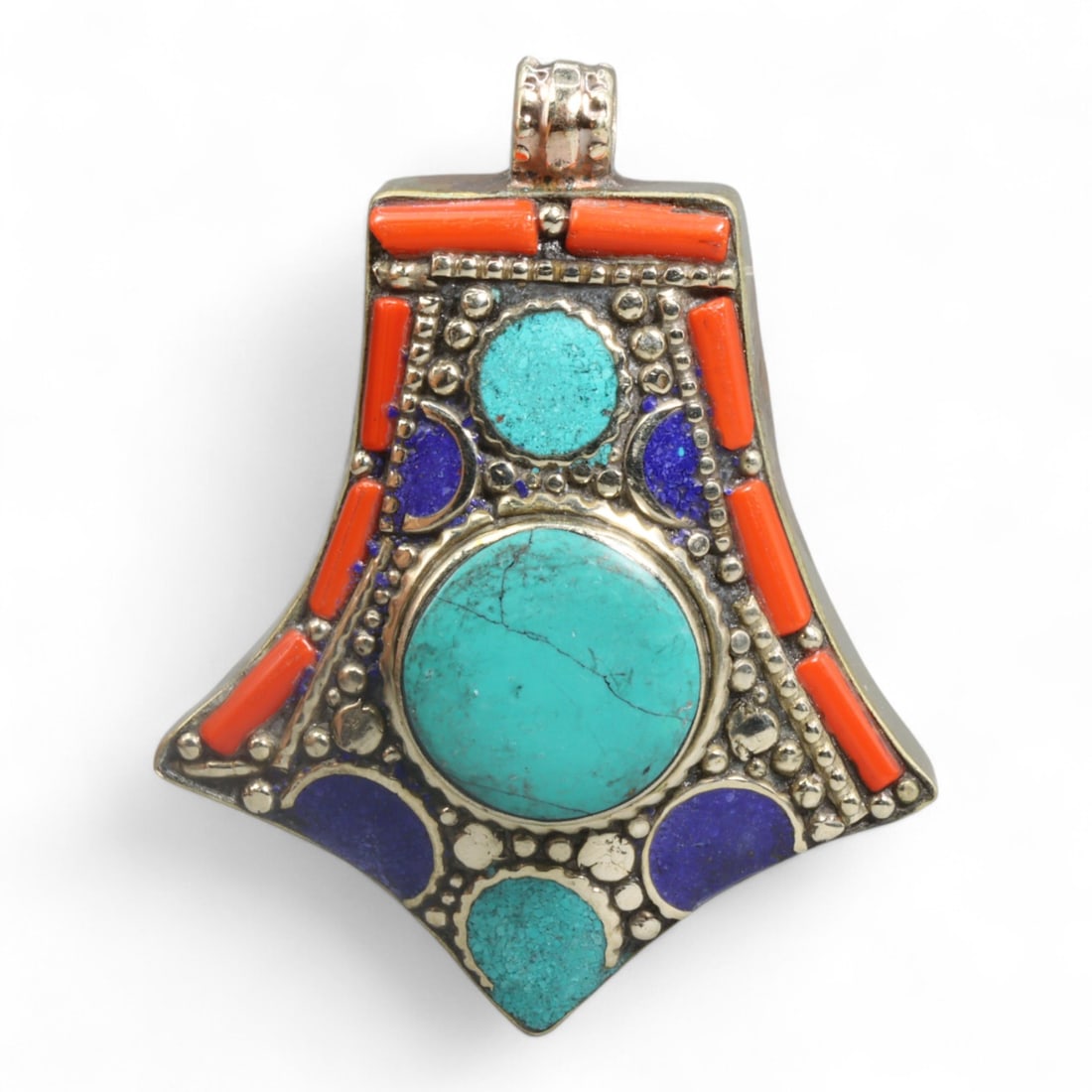 Tibetan Bell-Form Turquoise-Coral Inlay Silver Alloy Necklace Pendant, Himalayan, 45g (1 of 2)