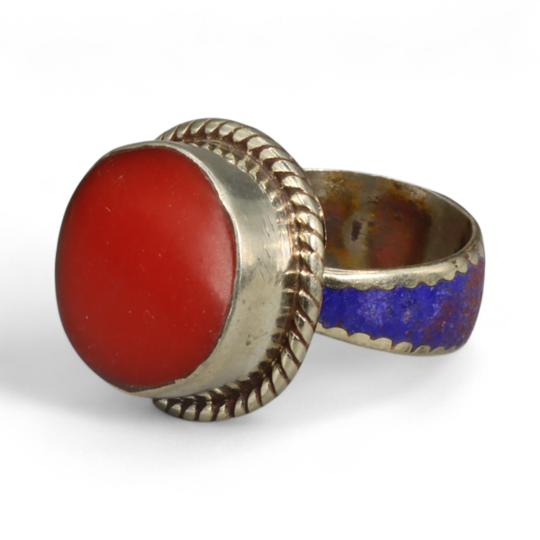 Tibetan Coral Brass Ring with Lapis Inlay Band and Twisted Rope Bezel, 10g (1 of 3)