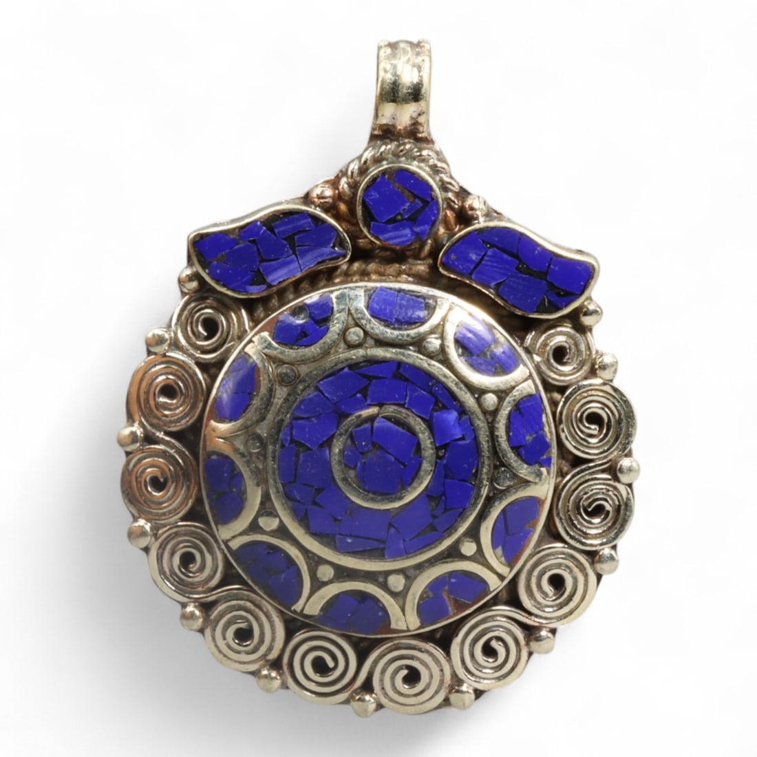 Tibetan Spiral-Motif Lapis Inlay Cosmic Wheel Pendant, Himalayan, 44g (1 of 2)