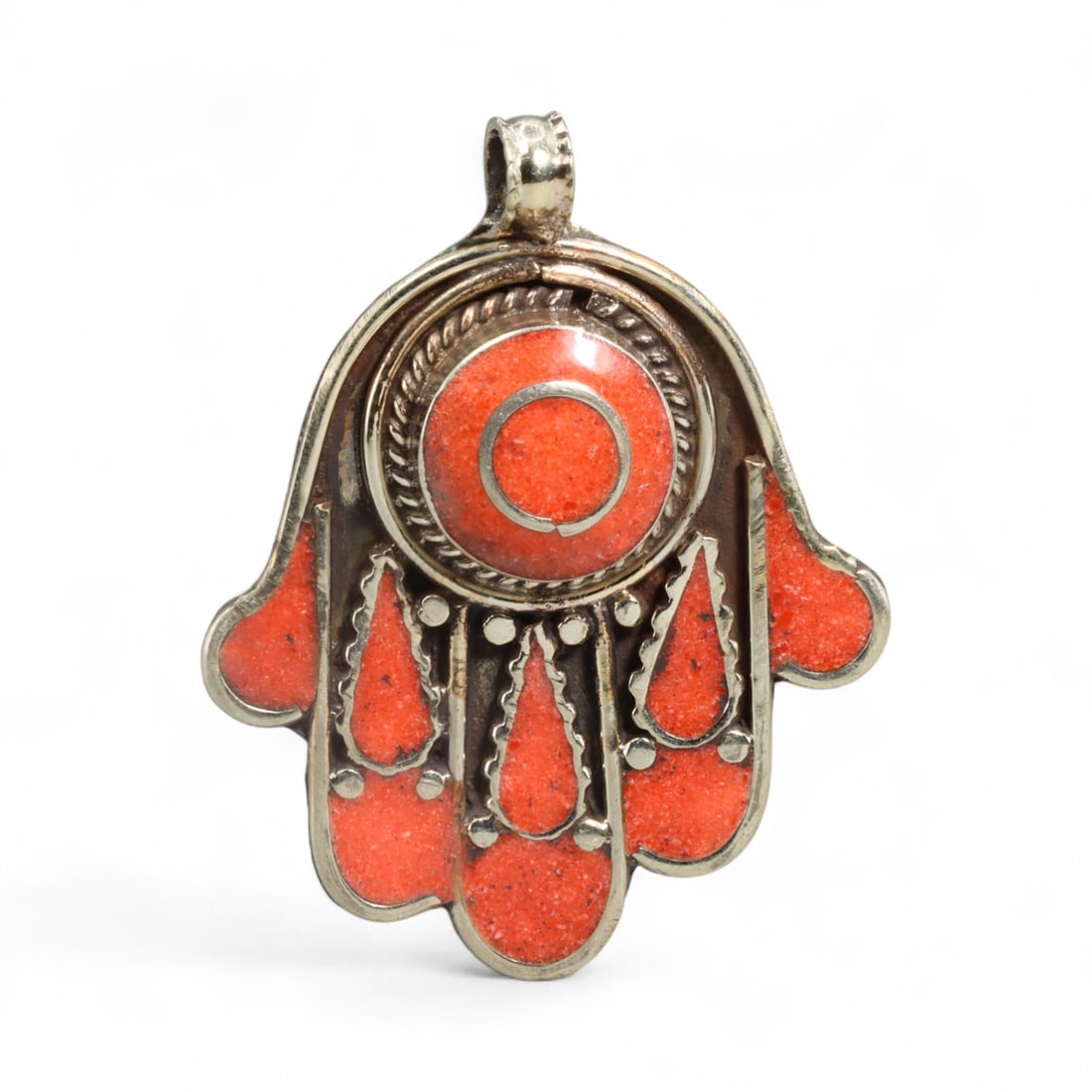Tibetan Hamsa Hand Coral Inlay Silver Pendant, Protective Ethnic Amulet, 33.2g (1 of 2)