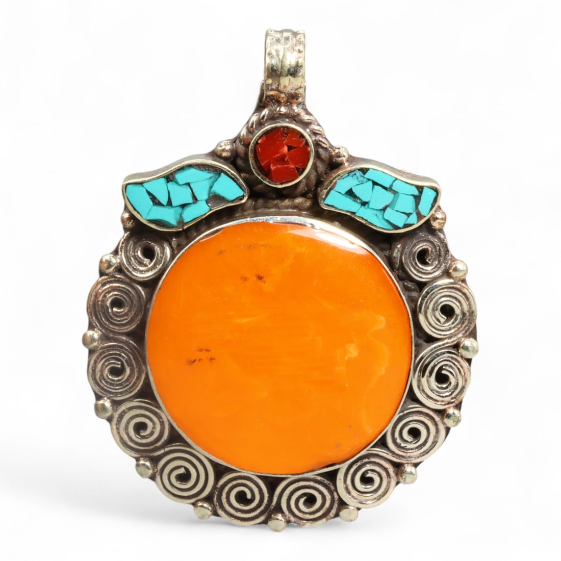 Tibetan Sun Disc Amber Turquoise Mosaic Pendant Necklace, Himalayas Origin, 36g: Radiating warmth and spiritual symbolism, this Tibetan pendant necklace celebrates solar energy and sacred geometry. Centered around a bold amber disc, the pendant is framed by a coiled silver spiral 