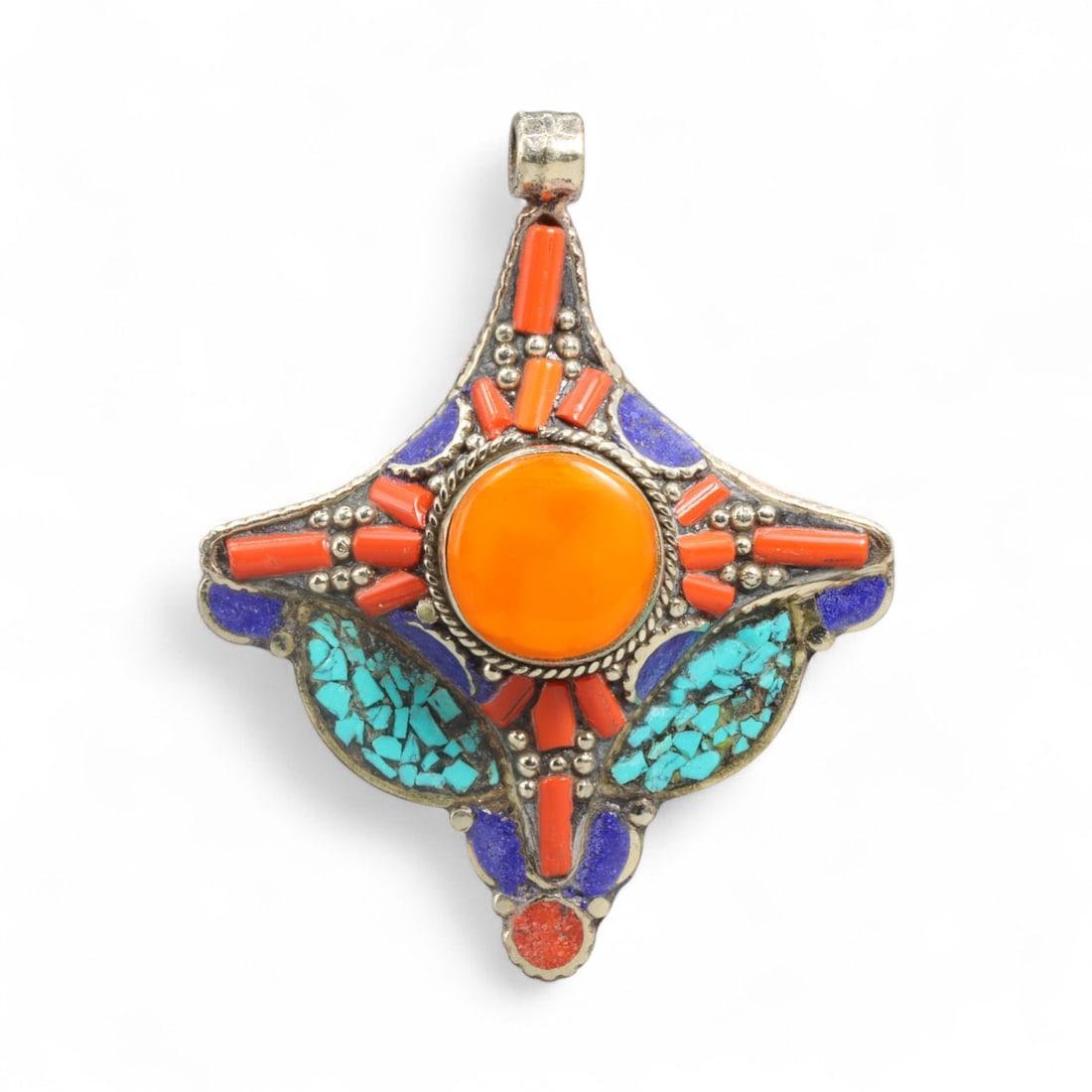 Tibetan Starburst Amber Coral Turquoise Lapis Silver Pendant, Radiant Ethnic Design, 31.2g: This dynamic Tibetan pendant captures the brilliance of celestial energy in a starburst-inspired form. At its core glows a rich amber-toned cabochon, radiating outward with coral rays and framed by a 