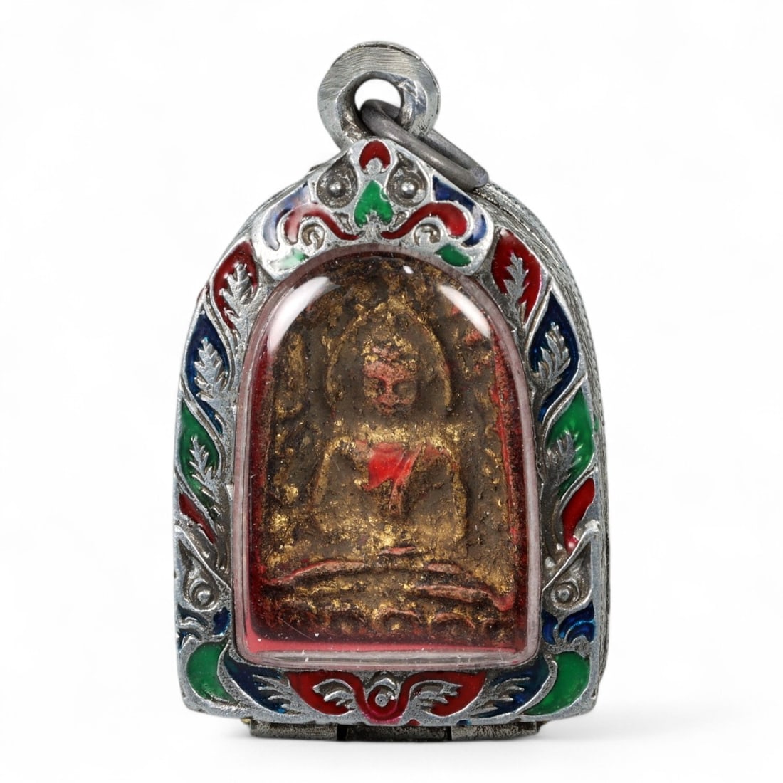 Antique Thai Rattanakosin Buddha Icon Enamel-Framed Amulet Pendant, c. 19th Century CE, 33g (1 of 2)