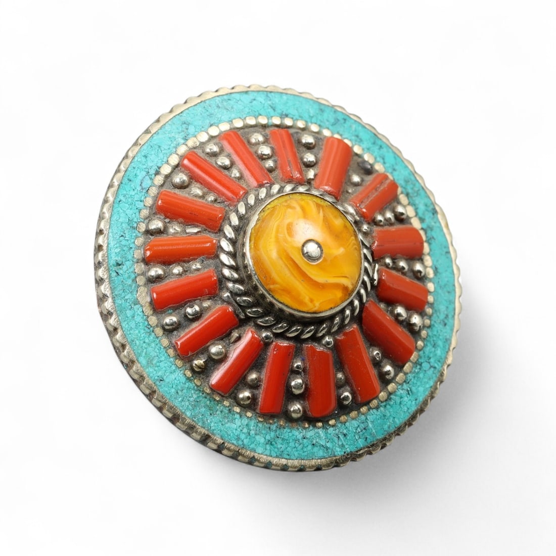 Tibetan Sunburst Mandala Ring with Coral Turquoise Amber Inlay, Silver Setting, US 8, 23g (1 of 3)