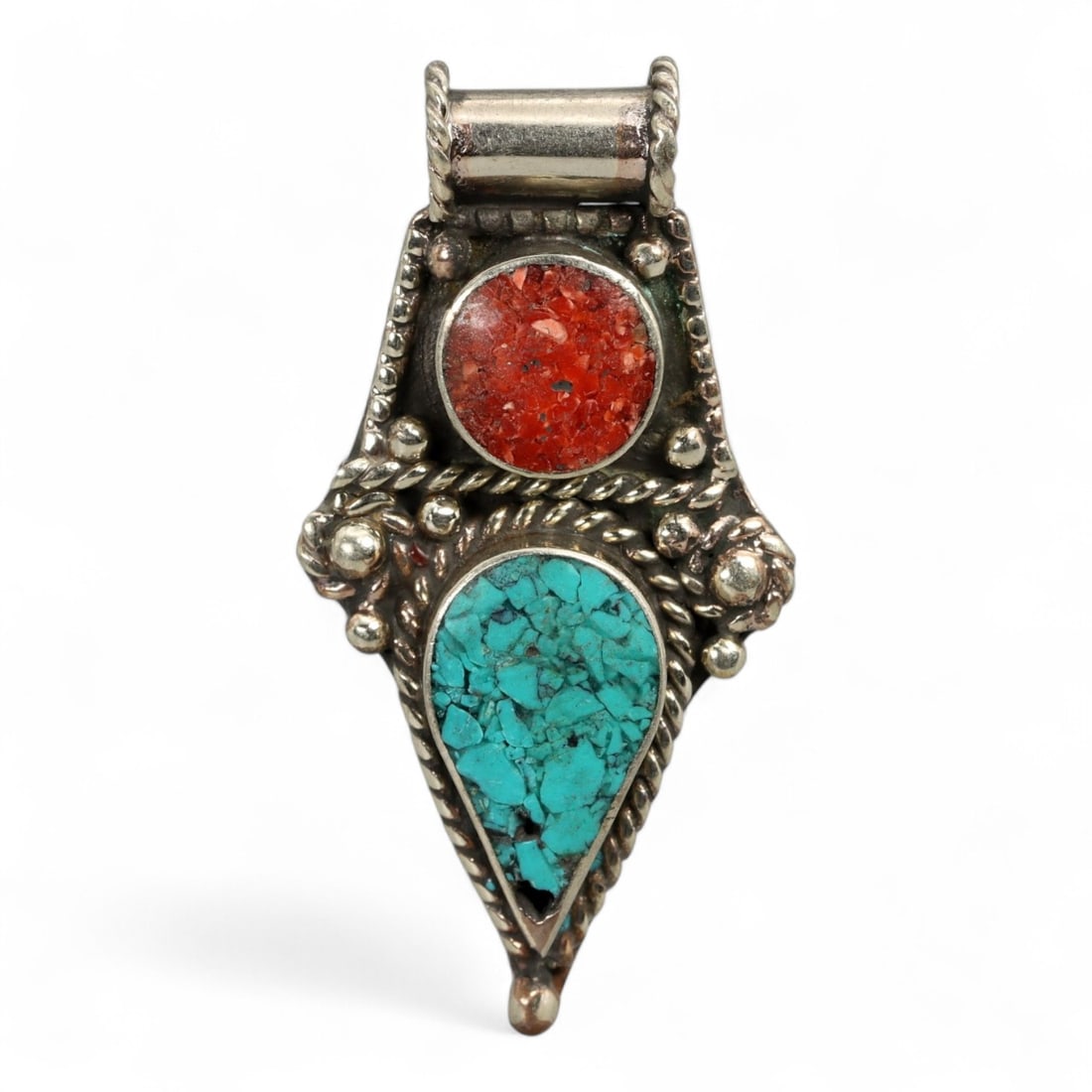Tibetan Coral Turquoise Teardrop Symbolic Silver Pendant Necklace, Himalayan Design, 9g: This striking pendant embodies the sacred duality of Himalayan aesthetics, combining rich red coral and vivid turquoise into a unified expression of natural harmony and spiritual symbolism. Crafted in