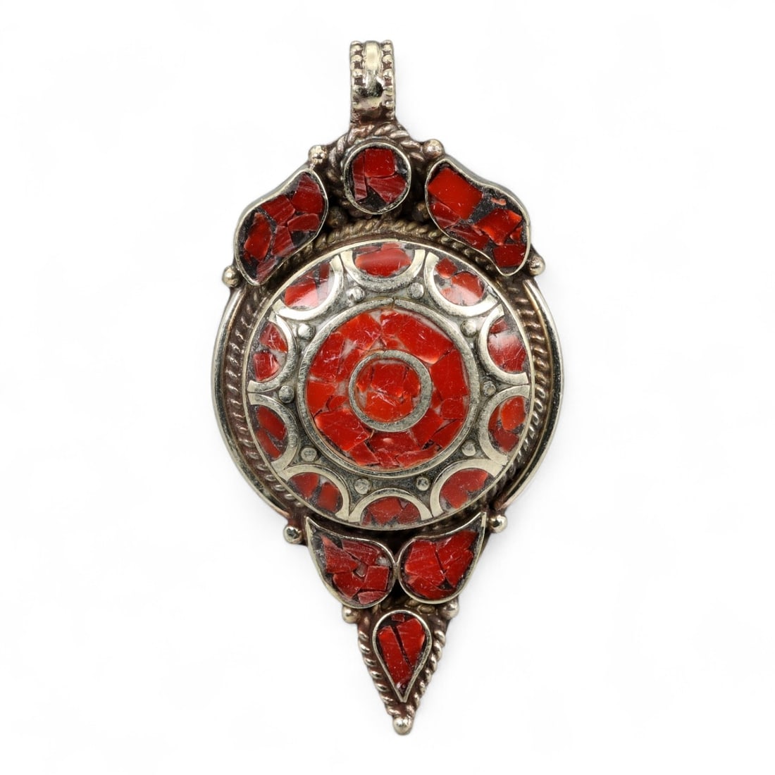 Tibetan Solar Rosette Red Coral Inlay Pendant Necklace, Himalayas Origin, 45g: Striking in both form and symbolism, this Tibetan pendant necklace is anchored by a radiant rosette design inlaid with vibrant red coral. The circular mandala pattern represents the solar cycle and in