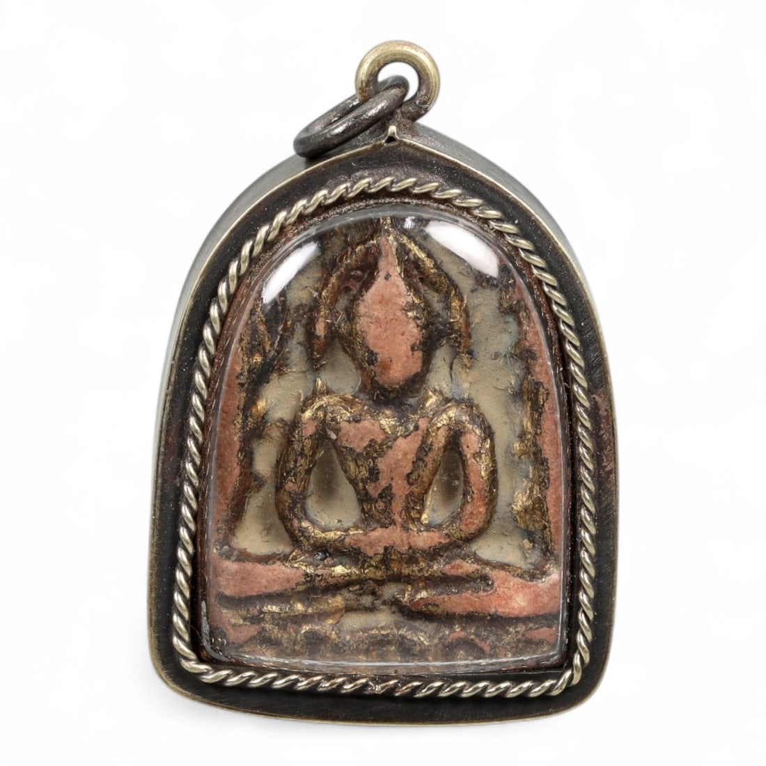 Vintage Thai Gilded Red Clay Naga-Buddha Amulet in Twisted Silver Frame, c. Mid-20th Century, 12.4g: This striking vintage Thai amulet is sculpted from red clay and features a meditative Buddha sheltered beneath the arched hood of the Naga serpent-a sacred image of divine protection and transcendent